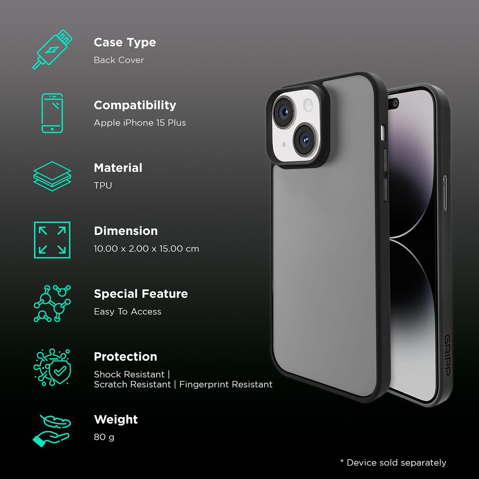GRIPP Bolt Hard TPU Back Cover for Apple iPhone 15 Plus (Matte & Frosted Surface, Black)_2