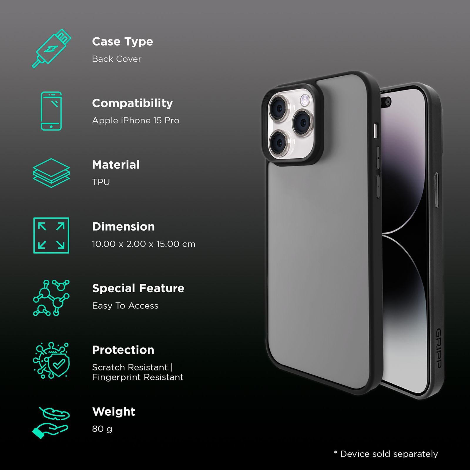 GRIPP Bolt Hard TPU Back Cover for Apple iPhone 15 Pro (Matte & Frosted Surface, Black)_2