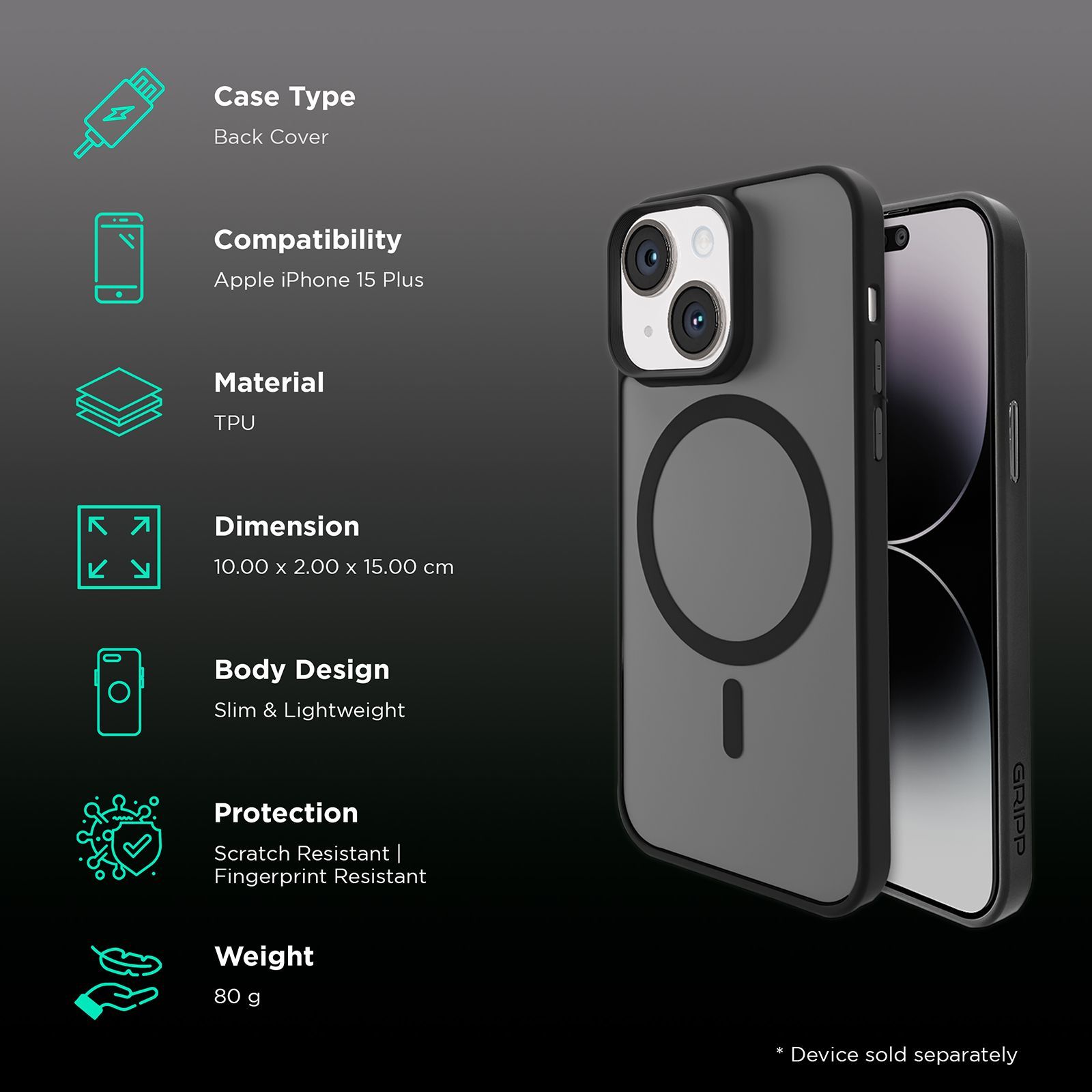 GRIPP Bolt Hard TPU Back Cover for Apple iPhone 15 (MagSafe Compatible, Black)_2