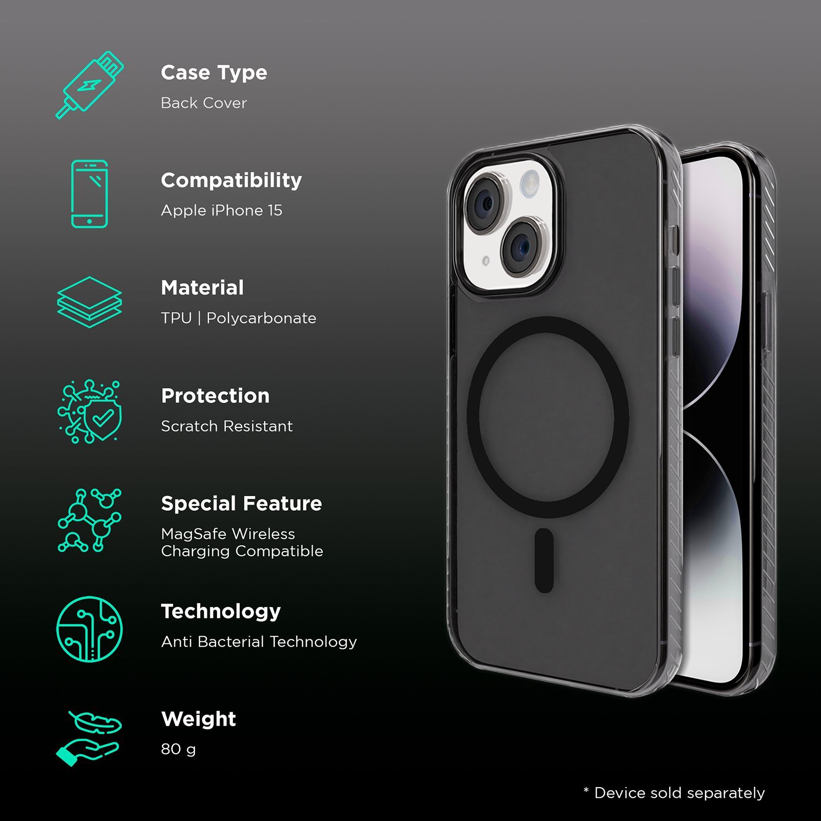 GRIPP Combat TPU & Polycarbonate Back Cover for Apple iPhone 15 (MagSafe Compatible, Smoke)_2