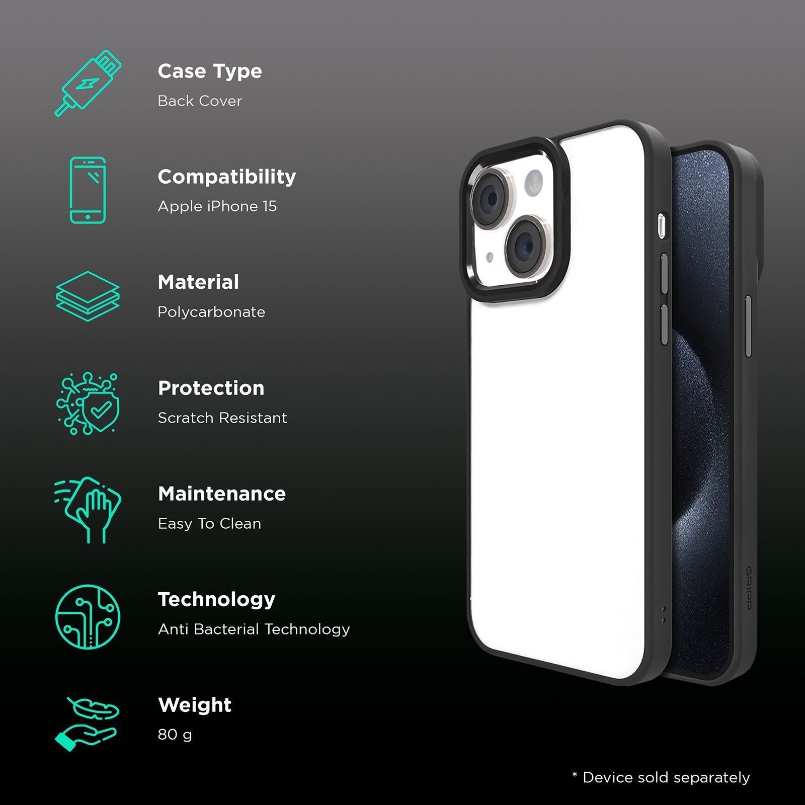 GRIPP Clarion Hard Polycarbonate Back Cover for Apple iPhone 15 (Anti Bacterial Technology, Black)_2