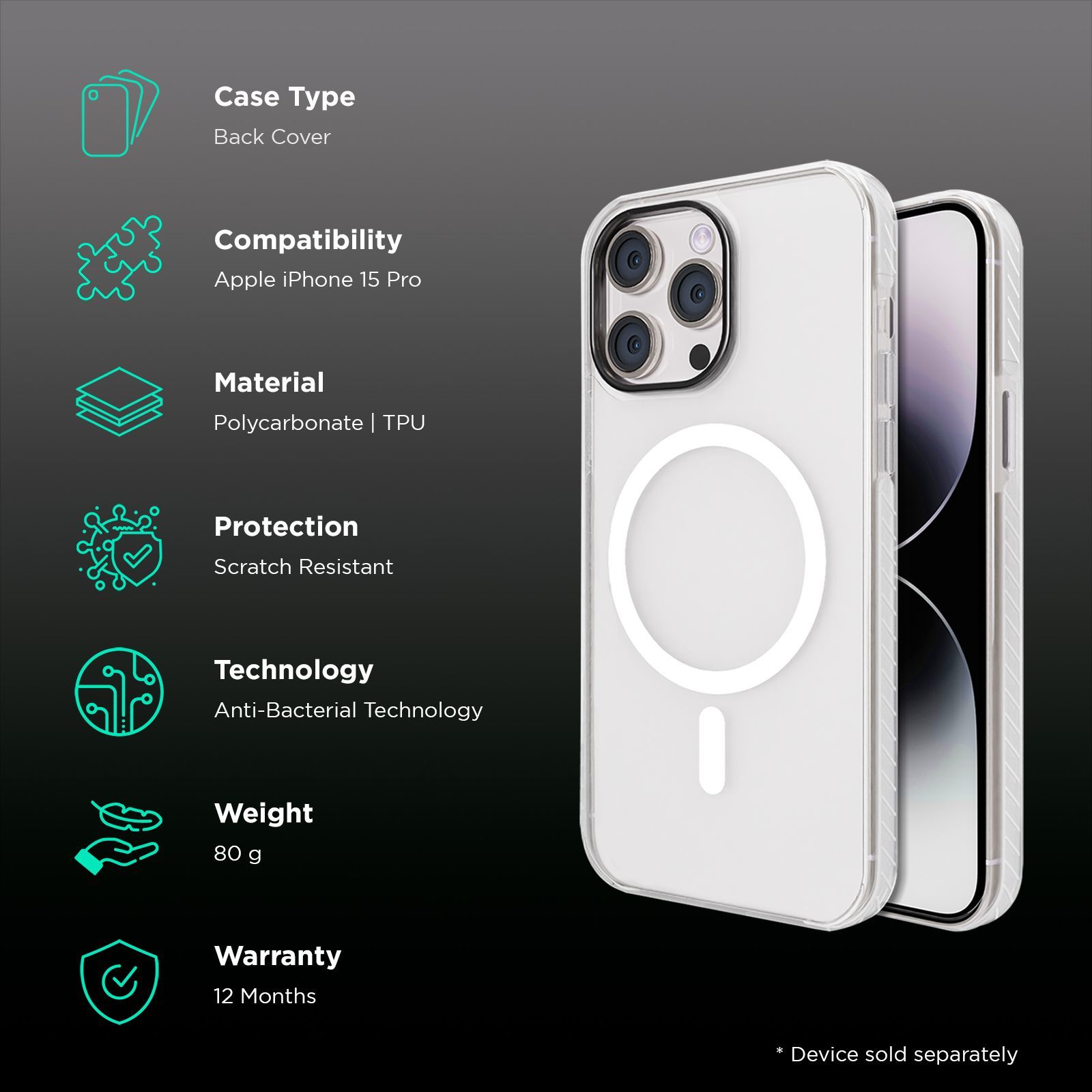 GRIPP Combat TPU & Polycarbonate Back Cover for Apple iPhone 15 Pro (MagSafe Compatible, Clear)_2