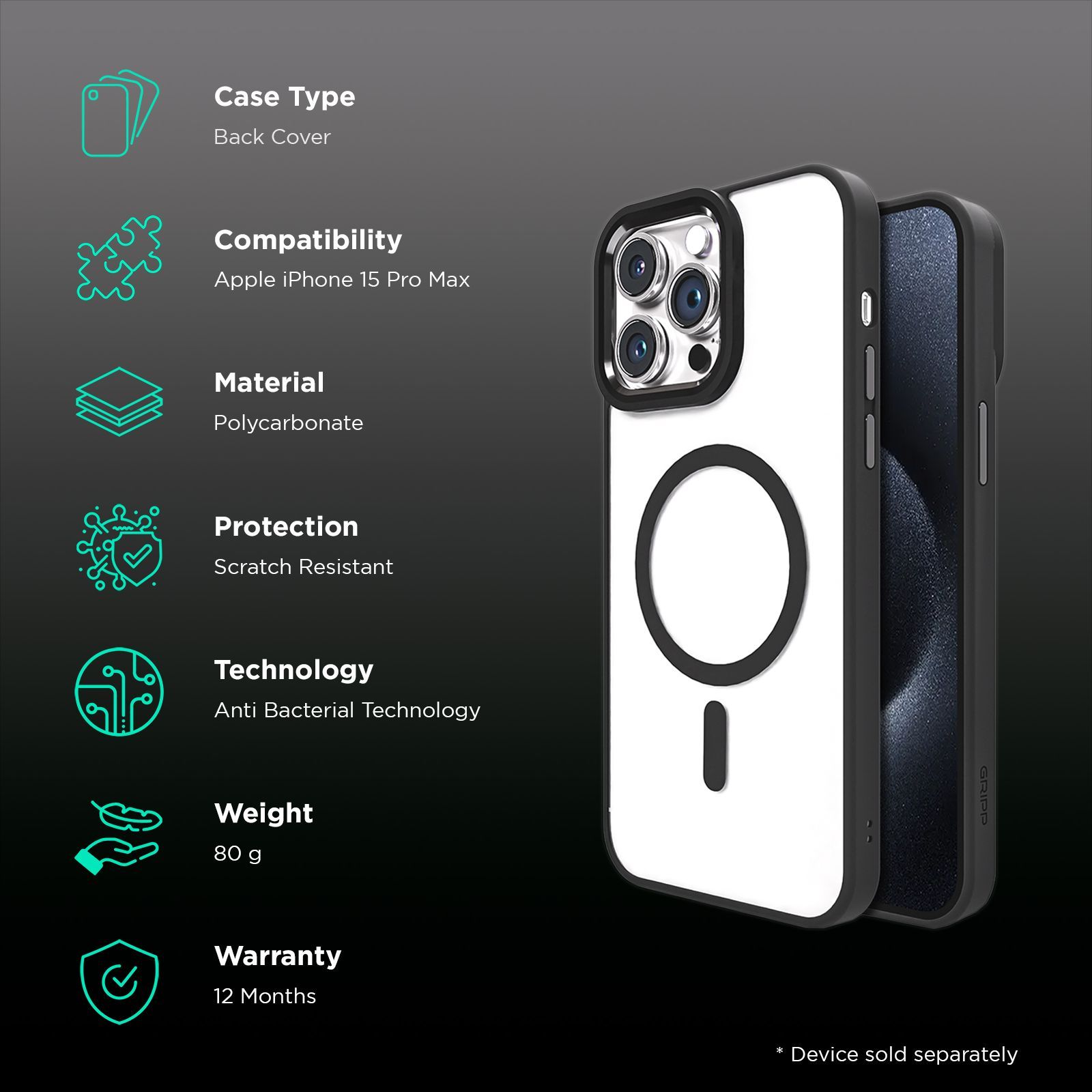 GRIPP Clarion Hard & Soft Polycarbonate Back Cover for Apple iPhone 15 Pro Max (MagSafe Compatible, Black)_2