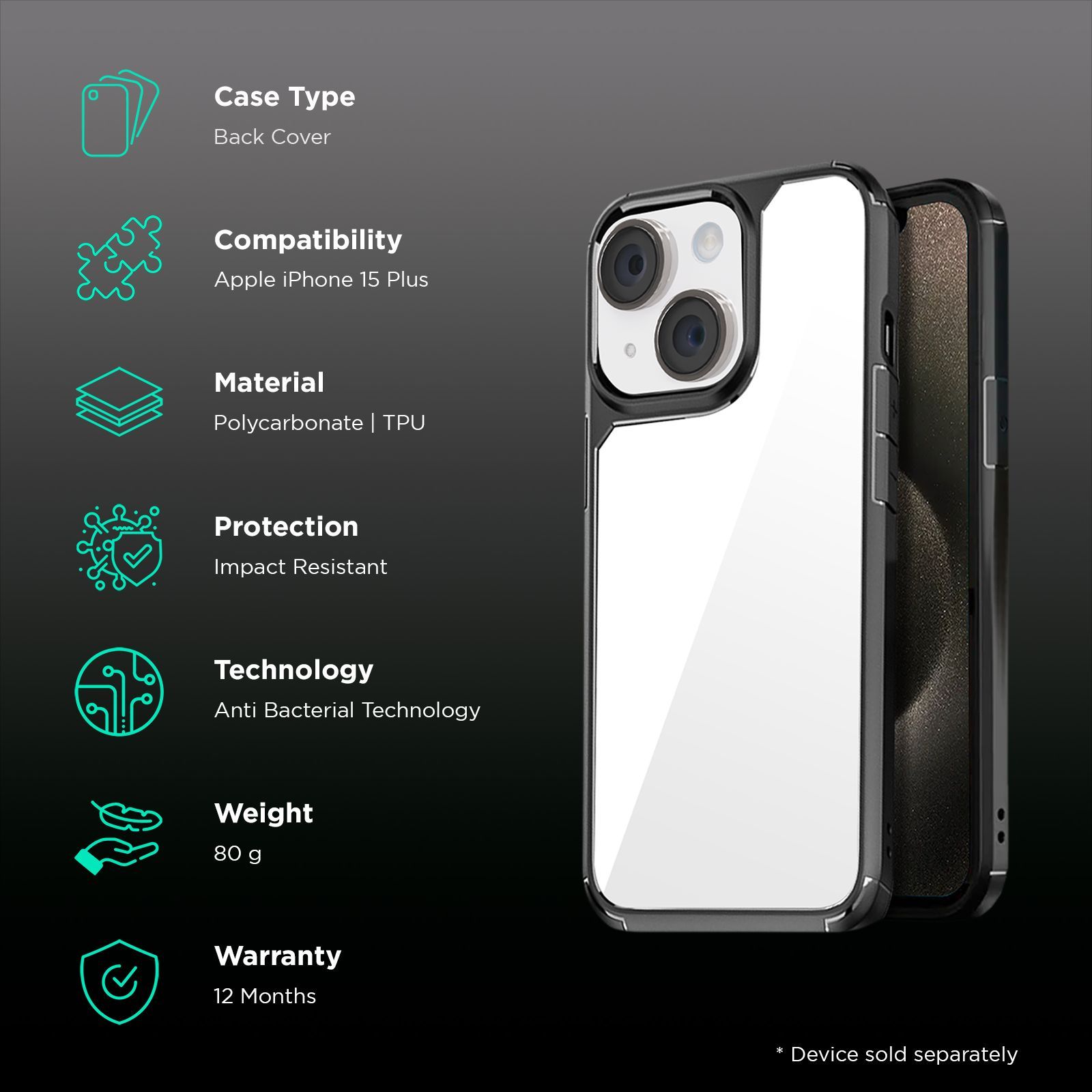 GRIPP Defender Hard TPU & Polycarbonate Back Cover for Apple iPhone 15 Plus (Anti-Bacterial Technology, Black) GRIPP Defender Hard TPU & Polycarbonate Back Cover for Apple iPhone 15 Plus (Anti-Bacterial Technology, Black)_2