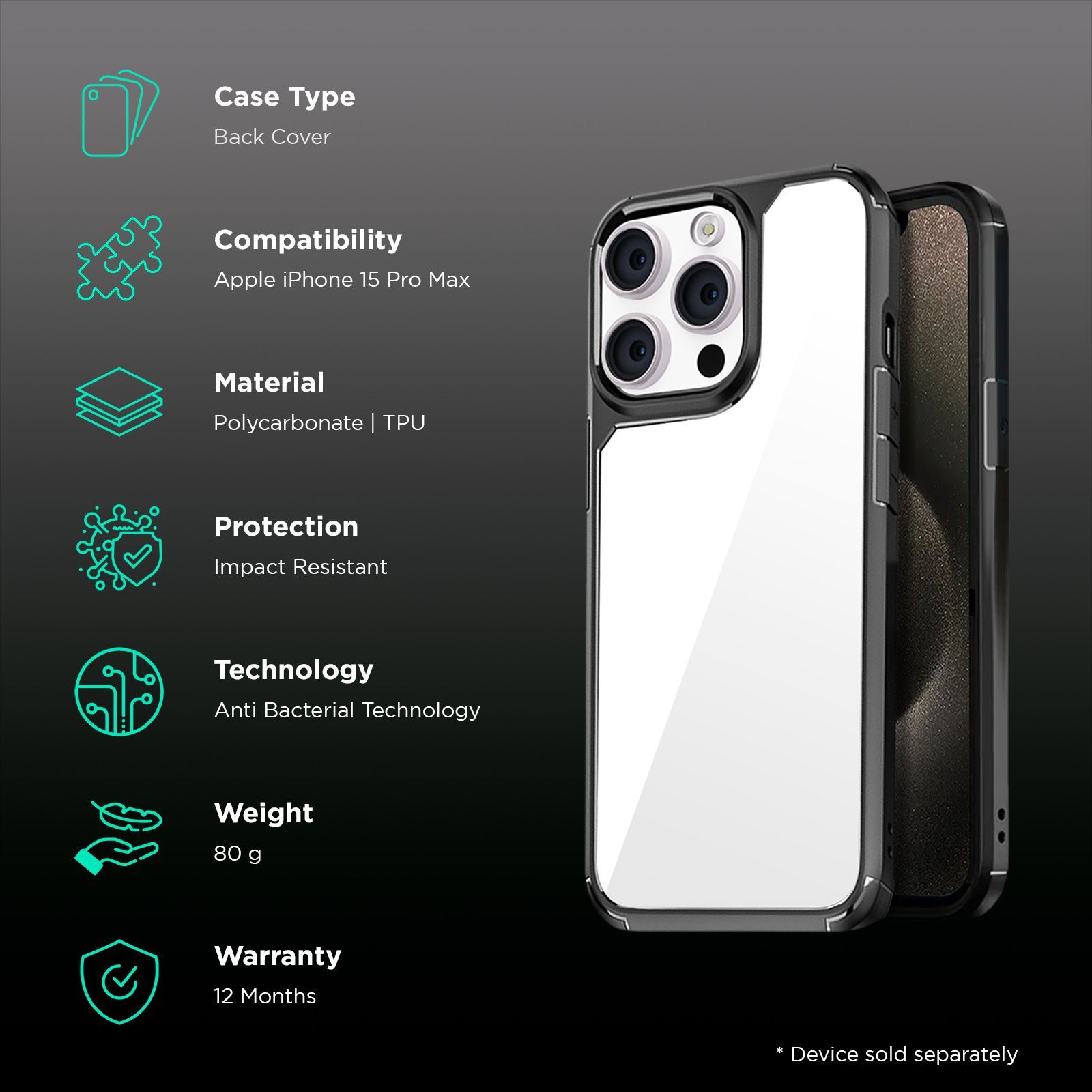 GRIPP Defender Hard TPU & Polycarbonate Back Cover for Apple iPhone 15 Pro Max (Anti-Bacterial Technology, Black)_2