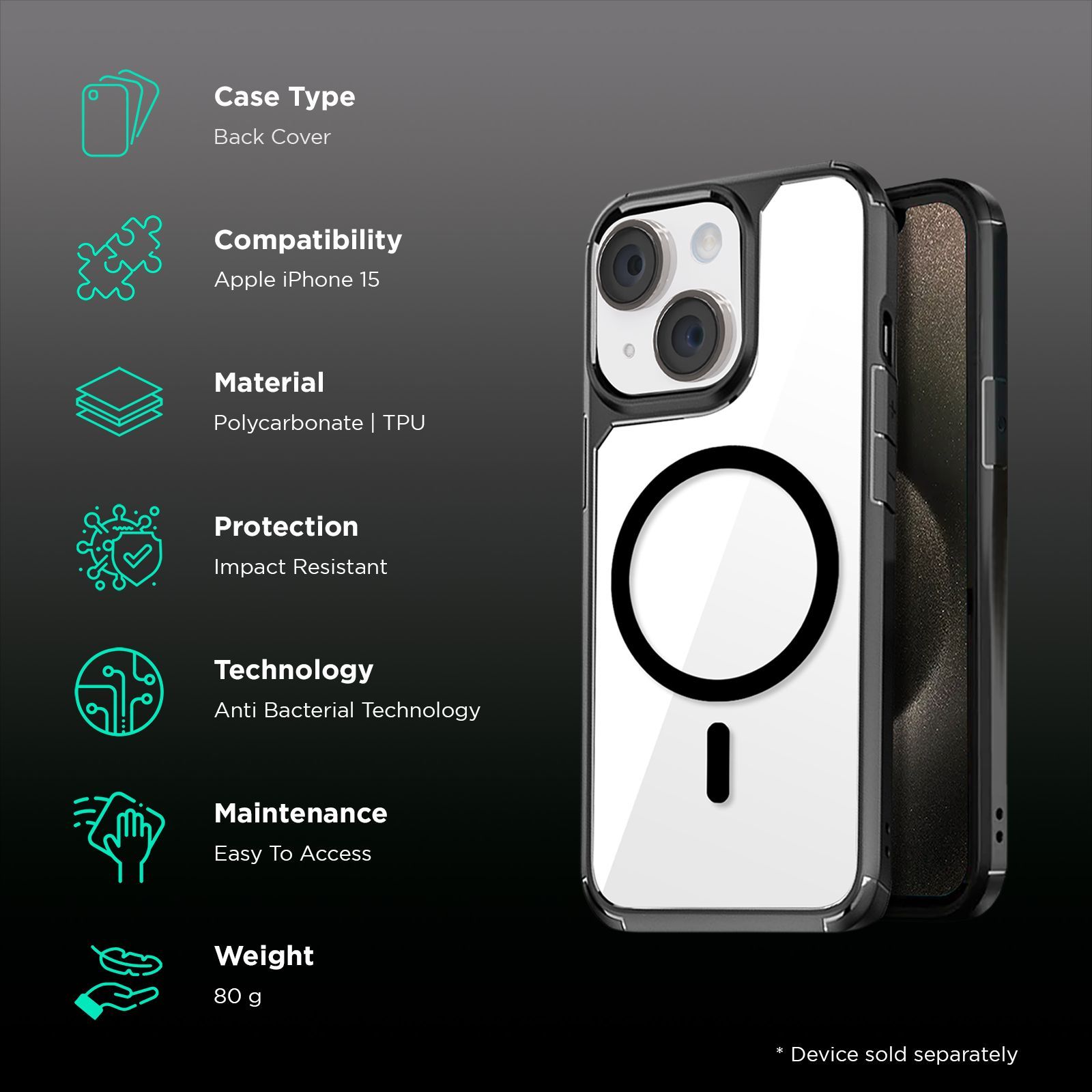 GRIPP Defender Hard TPU & Polycarbonate Back Cover for Apple iPhone 15 (MagSafe Compatible, Black)_2