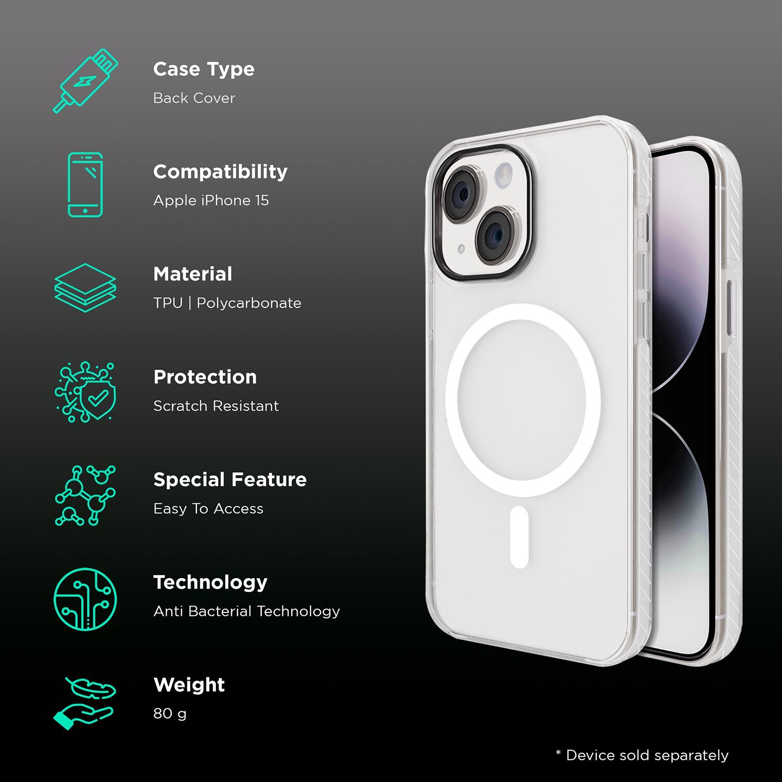 GRIPP Combat Hard TPU & Polycarbonate Back Cover for Apple iPhone 15 (Anti Bacterial Technology, Clear)_2
