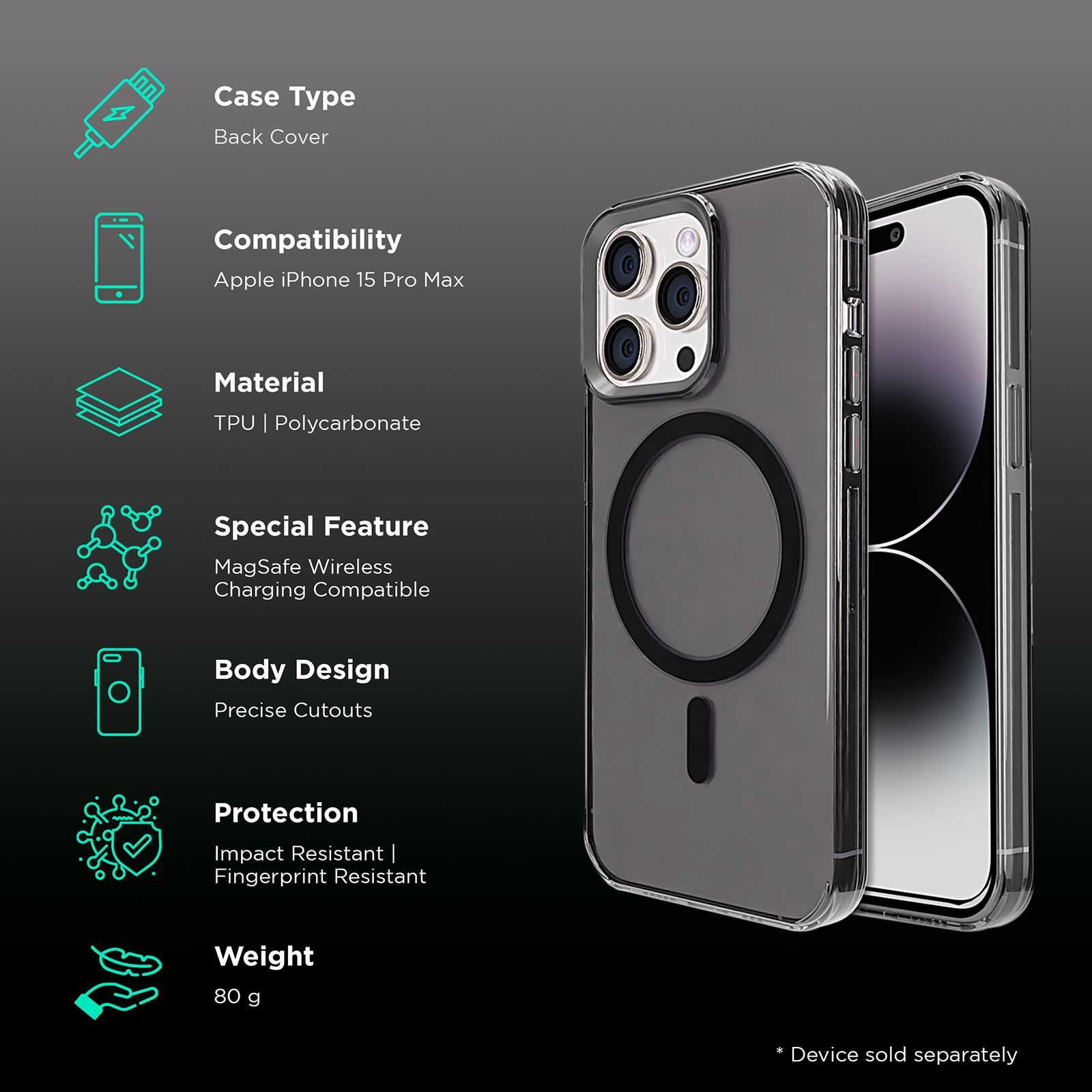 GRIPP Neo Xtreme Hard TPU & Polycarbonate Back Cover for Apple iPhone 15 Pro Max (MagSafe Compatible, Smoke)_2