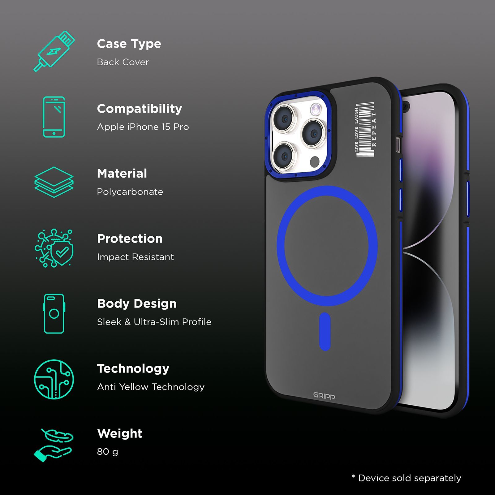 GRIPP Raigor Hard Polycarbonate Back Cover for Apple iPhone 15 Pro (MagSafe Compatible, Blue)_2