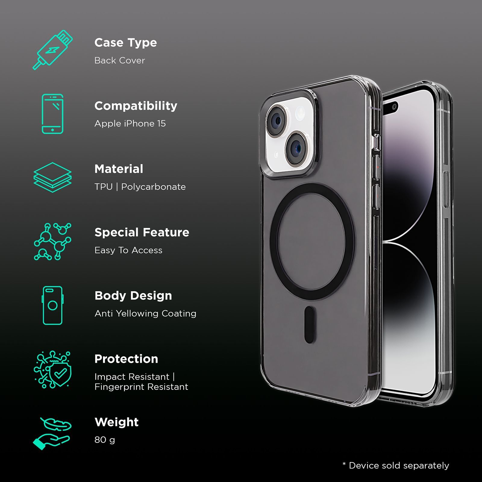 GRIPP Neo Xtreme Hard TPU & Polycarbonate Back Cover for Apple iPhone 15 (MagSafe Compatible, Smoke)_2