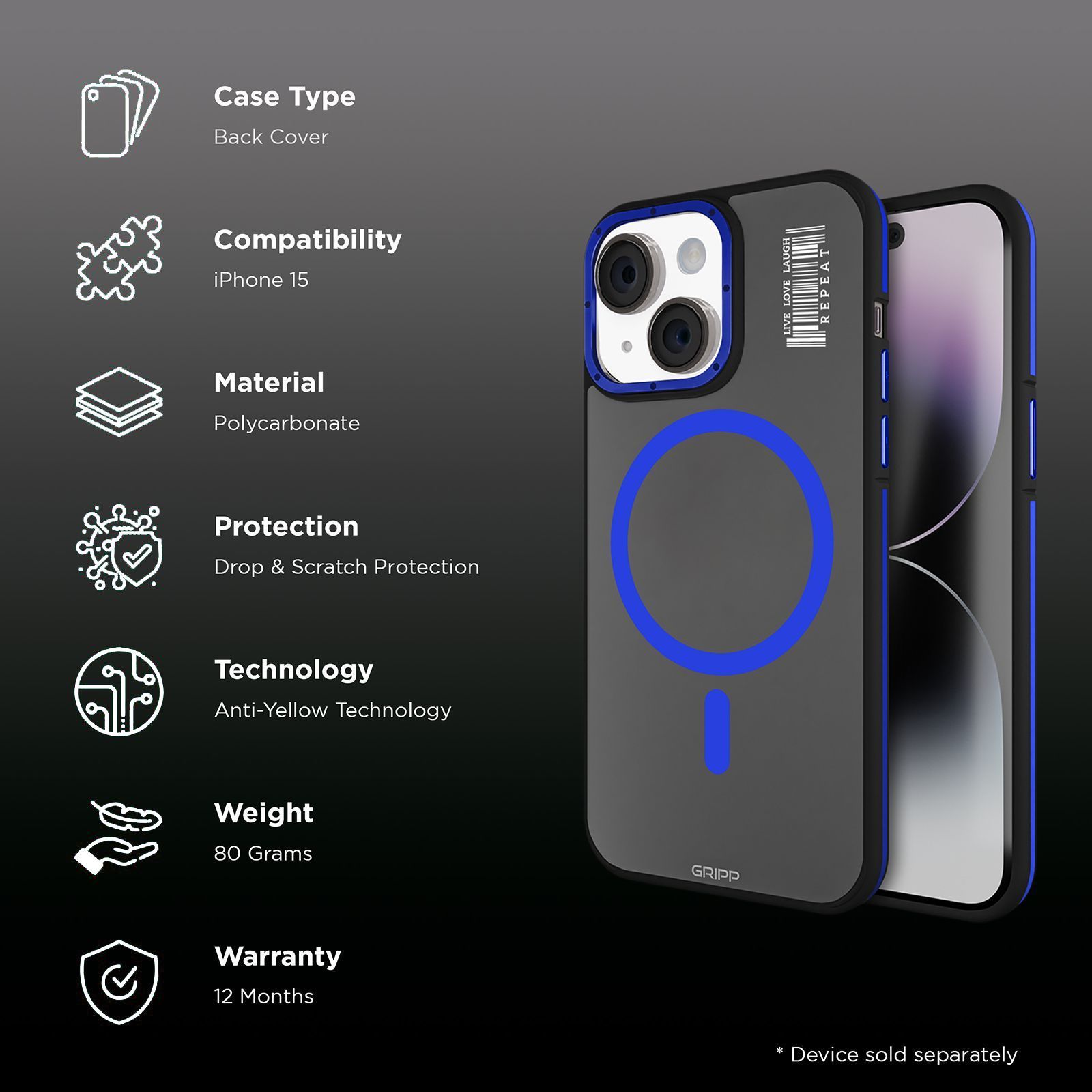 GRIPP Raigor Hard & Soft Polycarbonate & Thermoplastic Elastomer Back Cover for Apple iPhone 15 (MagSafe Compatible, Blue)_2