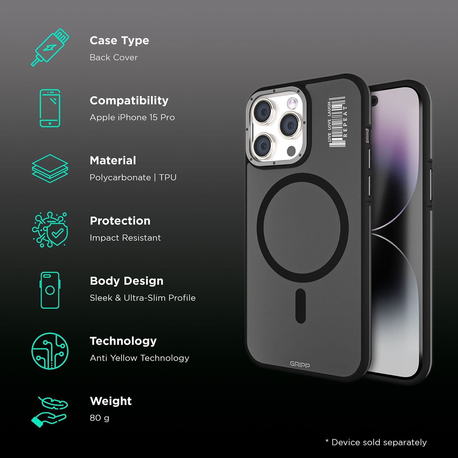 GRIPP Raigor Hard Polycarbonate Back Cover for Apple iPhone 15 Pro (MagSafe Compatible, Black)_2