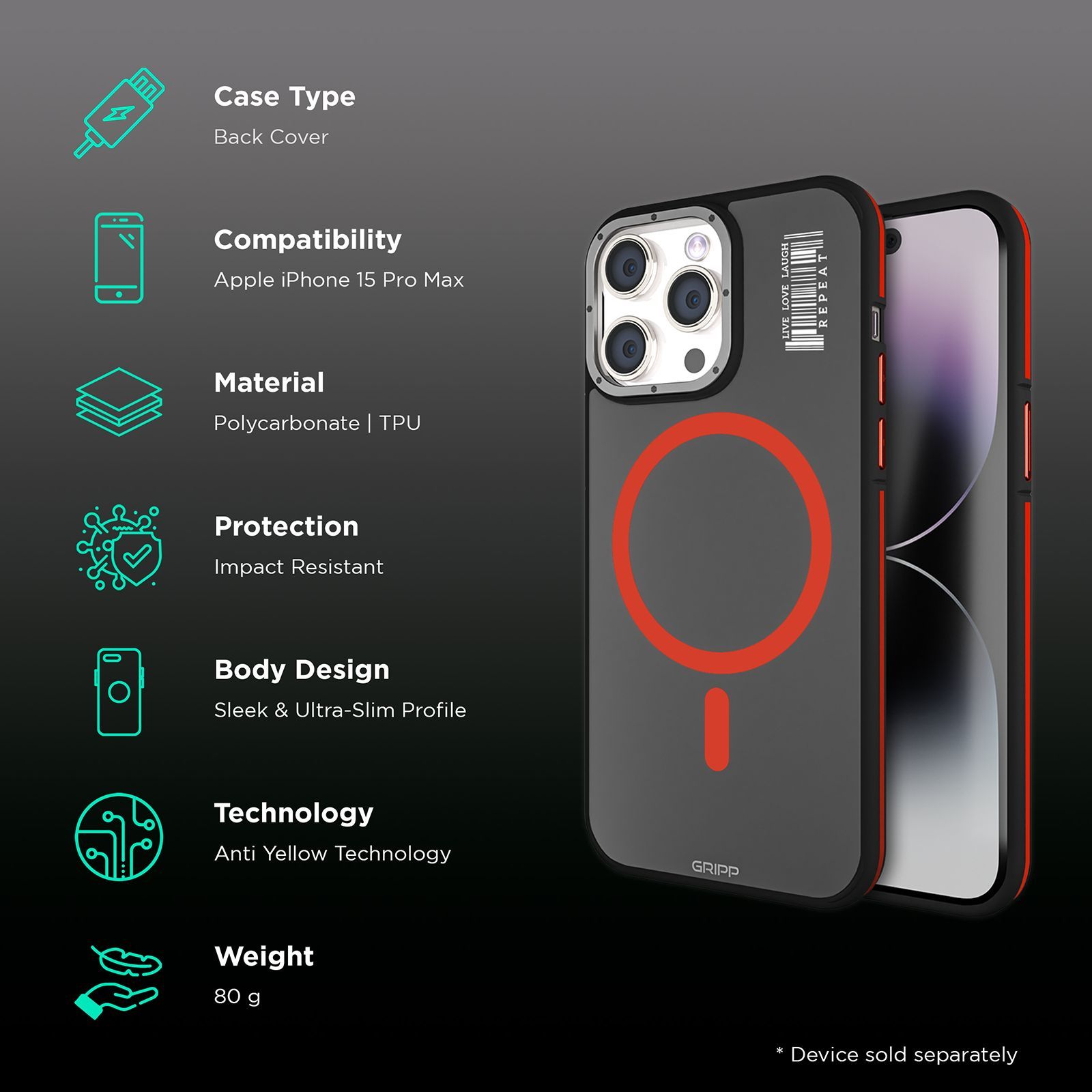 GRIPP Raigor Hard Polycarbonate Back Cover for Apple iPhone 15 Pro Max (MagSafe Compatible, Red)_2