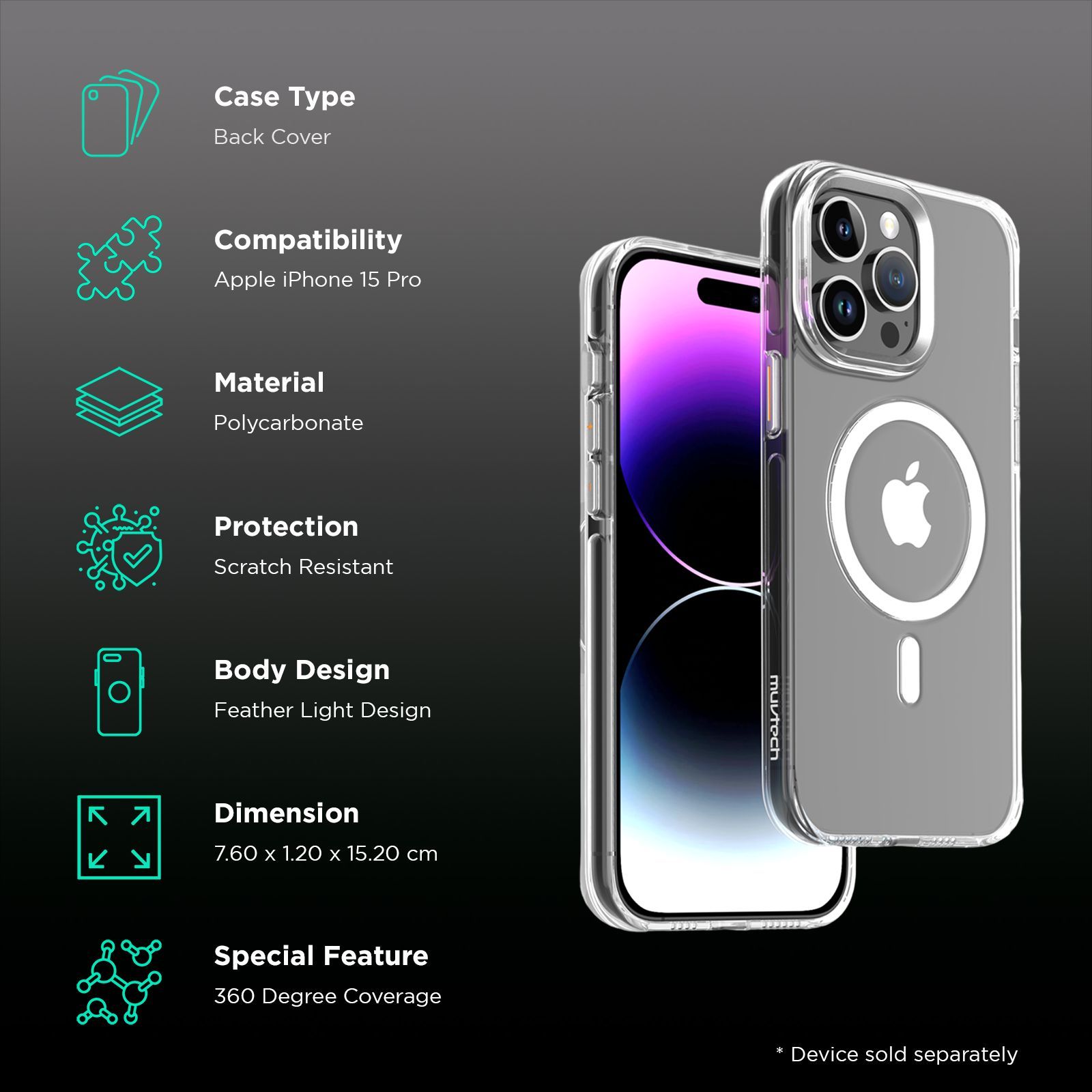 Muvtech Crystal Pro Snap Hard Polycarbonate & Thermoplastic Polyurethane Back Case for Apple iPhone 15 Pro (Supports Wireless Charging, White)_2