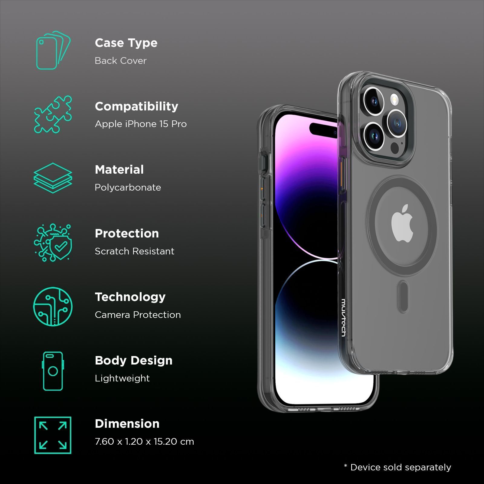 Muvtech Crystal Pro Snap Hard Polycarbonate & Thermoplastic Polyurethane Back Case for Apple iPhone 15 Pro (Supports Wireless Charging, Black)_2