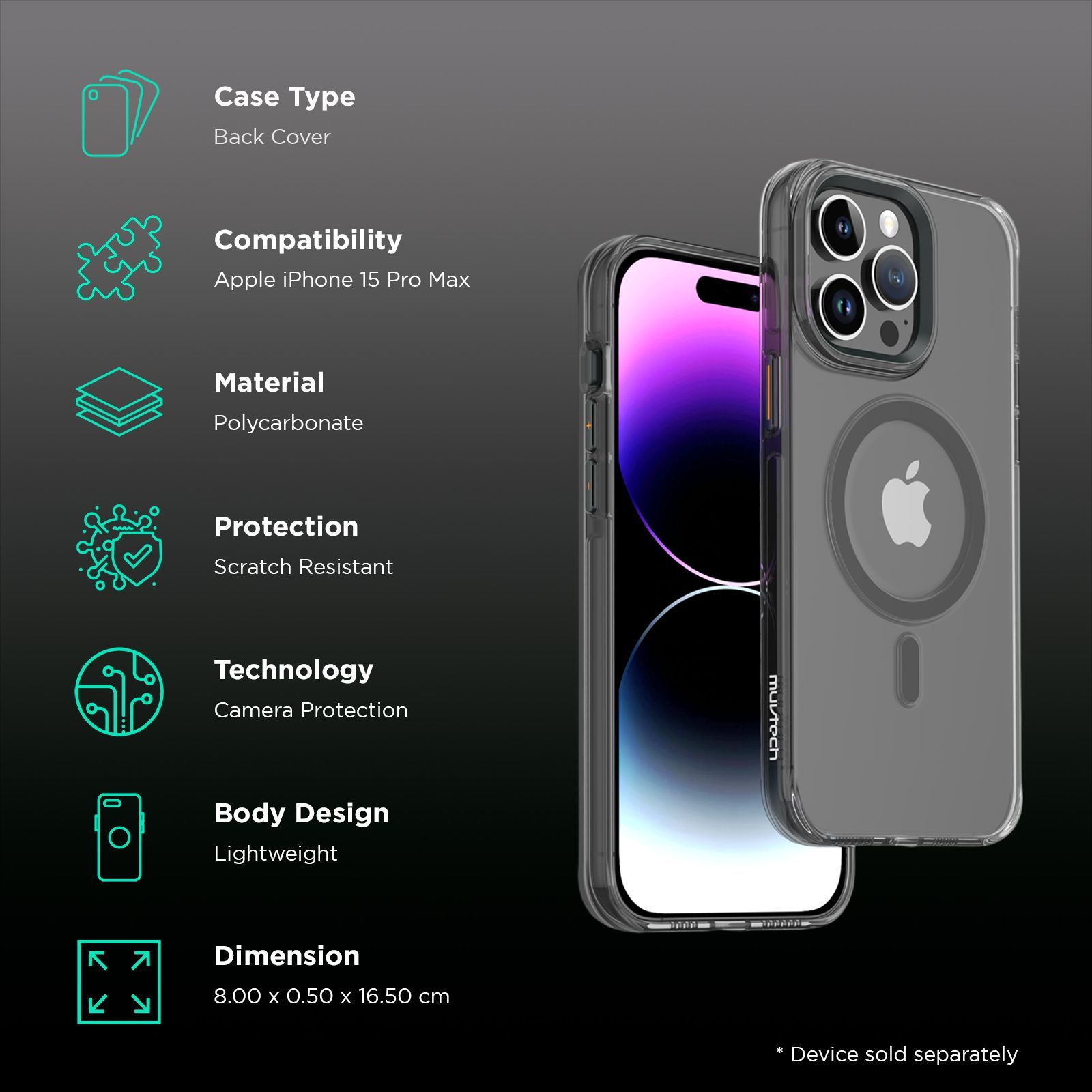 Muvtech Crystal Pro Snap Hard Polycarbonate Back Case for Apple iPhone 15 Pro Max (Supports Wireless Charging, Black)_2