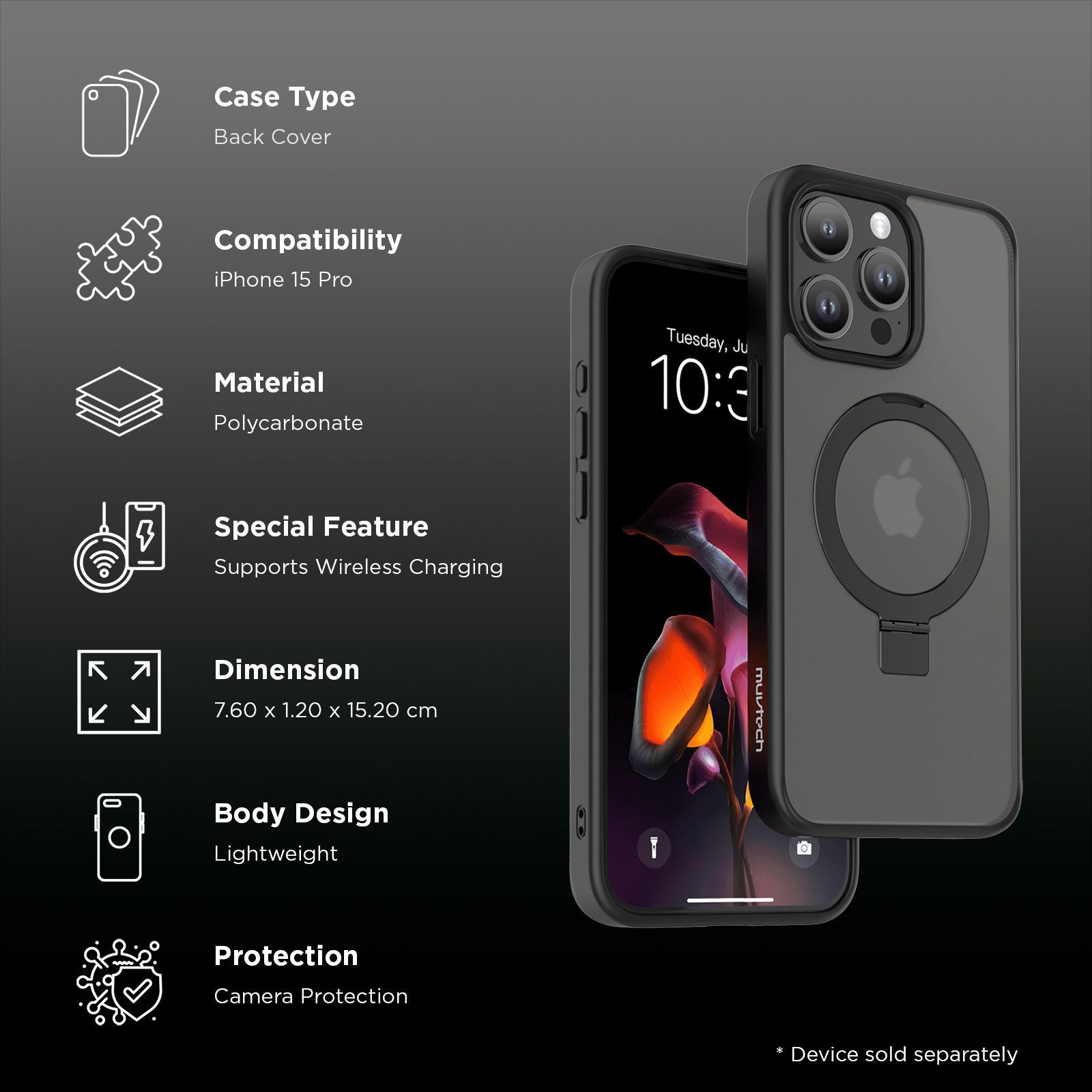 Muvtech Rio Pro Snap Hard Polycarbonate Back Case for Apple iPhone 15 Pro (Camera Protection, Black)_2