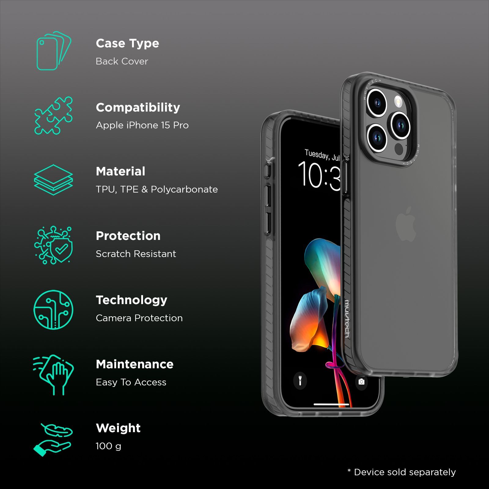 Muvtech Oslo Hard Polycarbonate, Thermoplastic Polyurethane & Thermoplastic Elastomer Back Case for Apple iPhone 15 Pro (Camera Protection, Black)_2