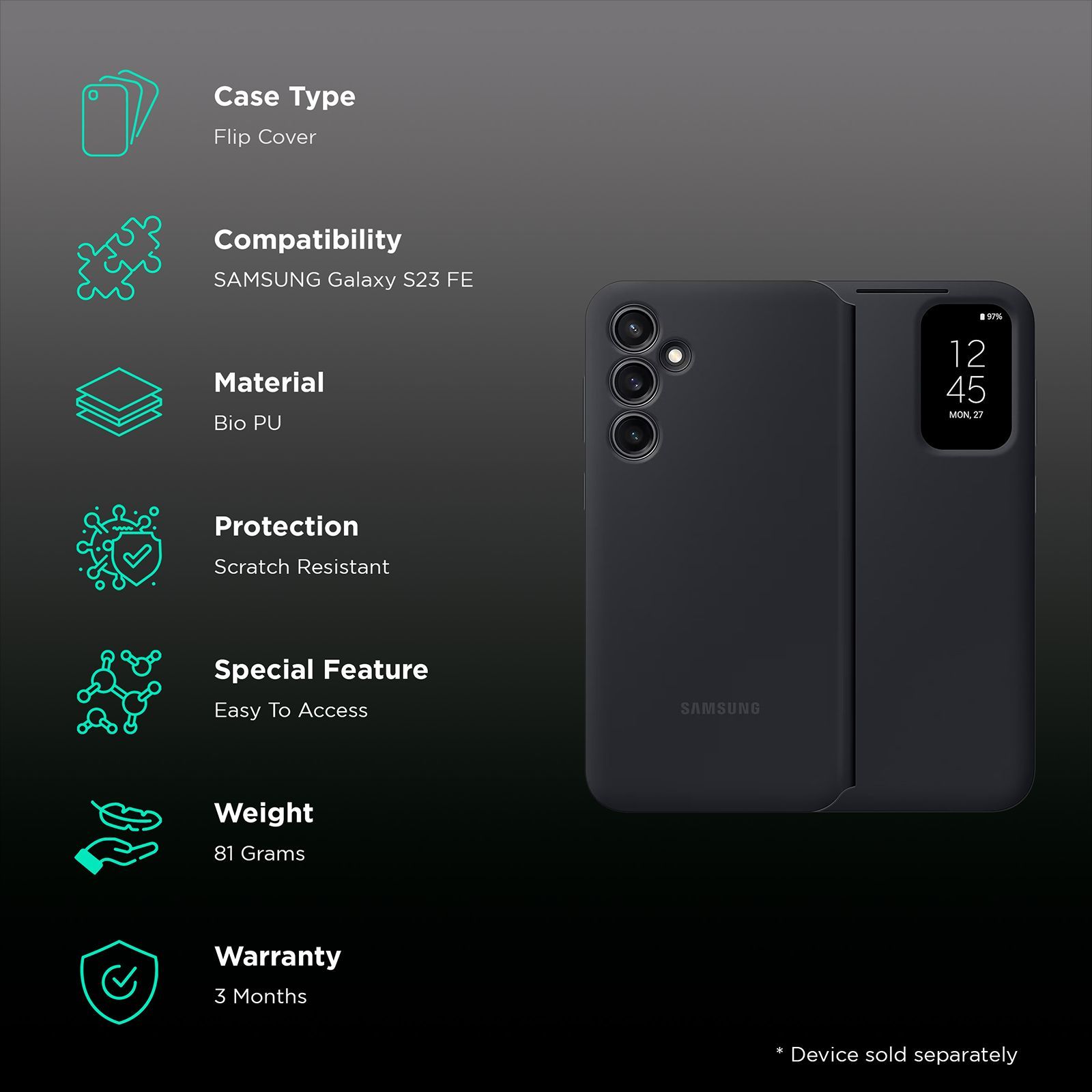 SAMSUNG Soft Bio PU Flip Case for Galaxy S23 FE (Built in Card Pocket, Black)_2