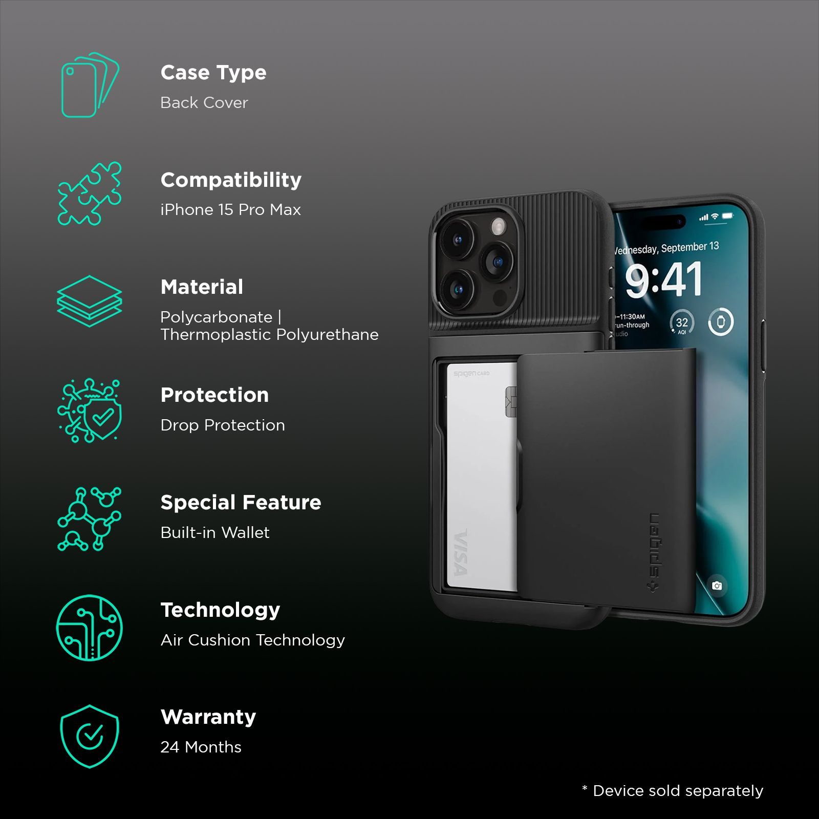 spigen Slim Armor CS PC and TPU Back Cover for iPhone 15 Pro Max (Air Cushion Technology, Black)_2