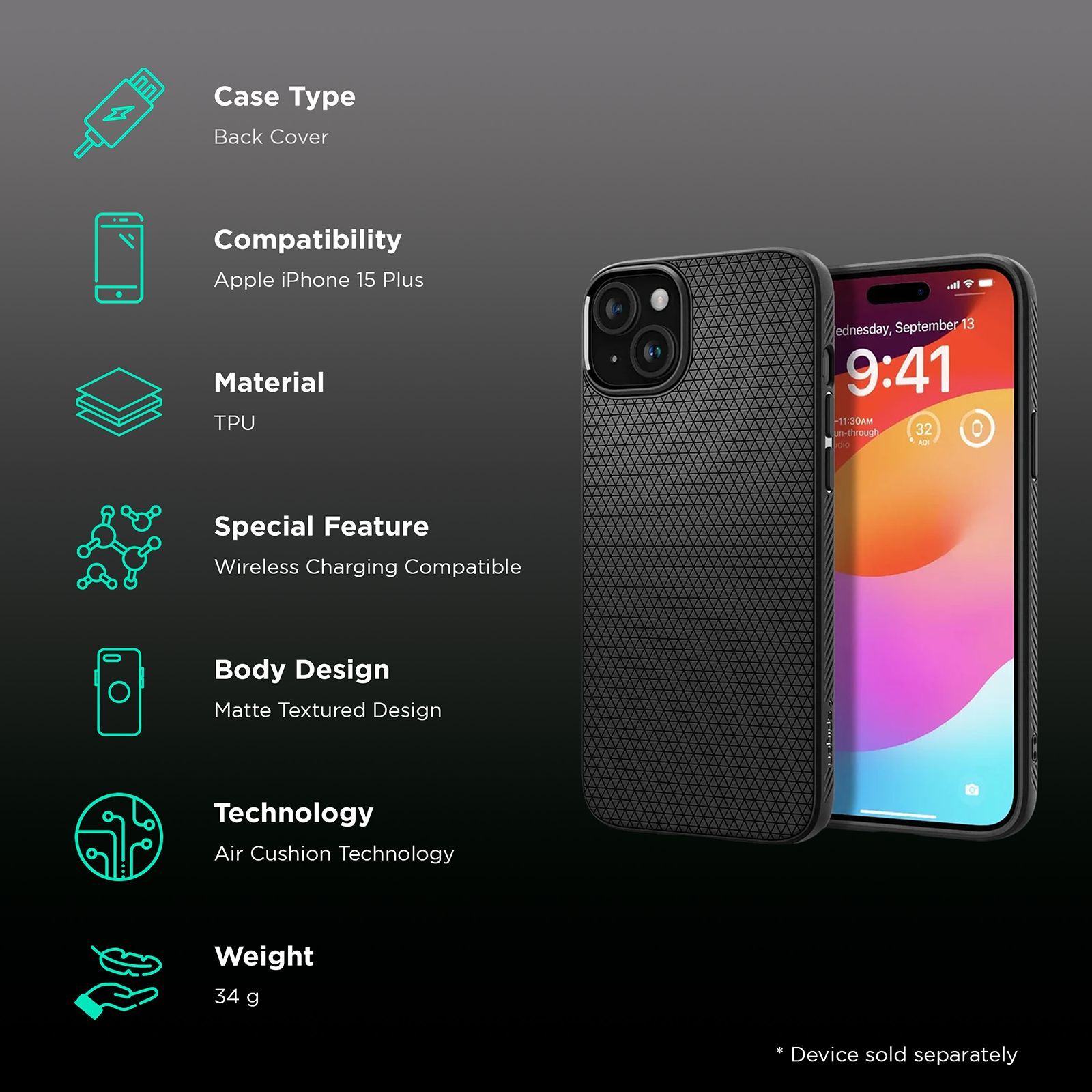 spigen Liquid Air Soft Thermoplastic Polyurethane Back Case for iPhone 15 Plus (Air Cushion Technology, Matte Black)_2