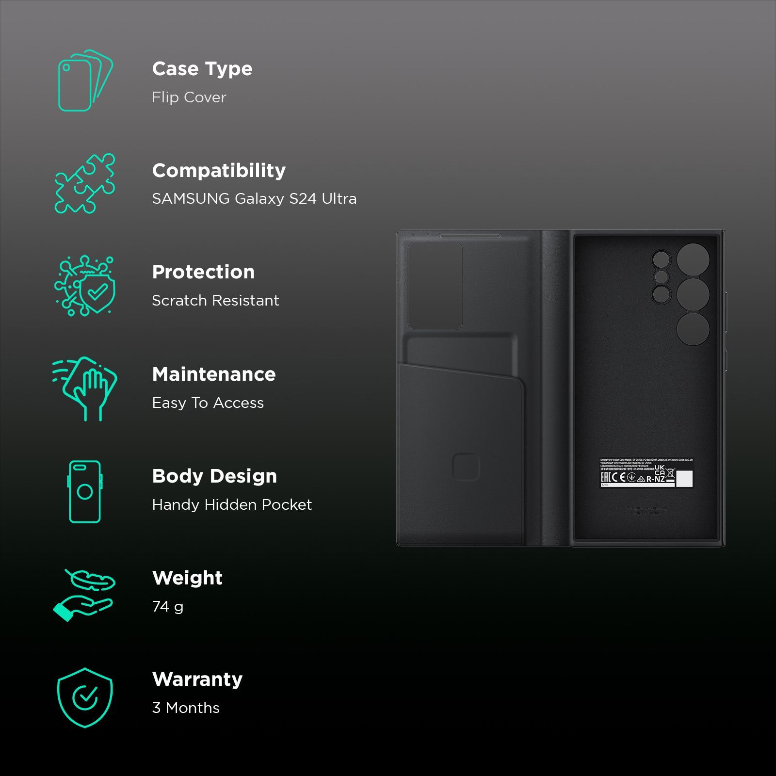 SAMSUNG Polyurethane Flip Cover for SAMSUNG Galaxy S24 Ultra (Handy Hidden Pocket, Black)_2