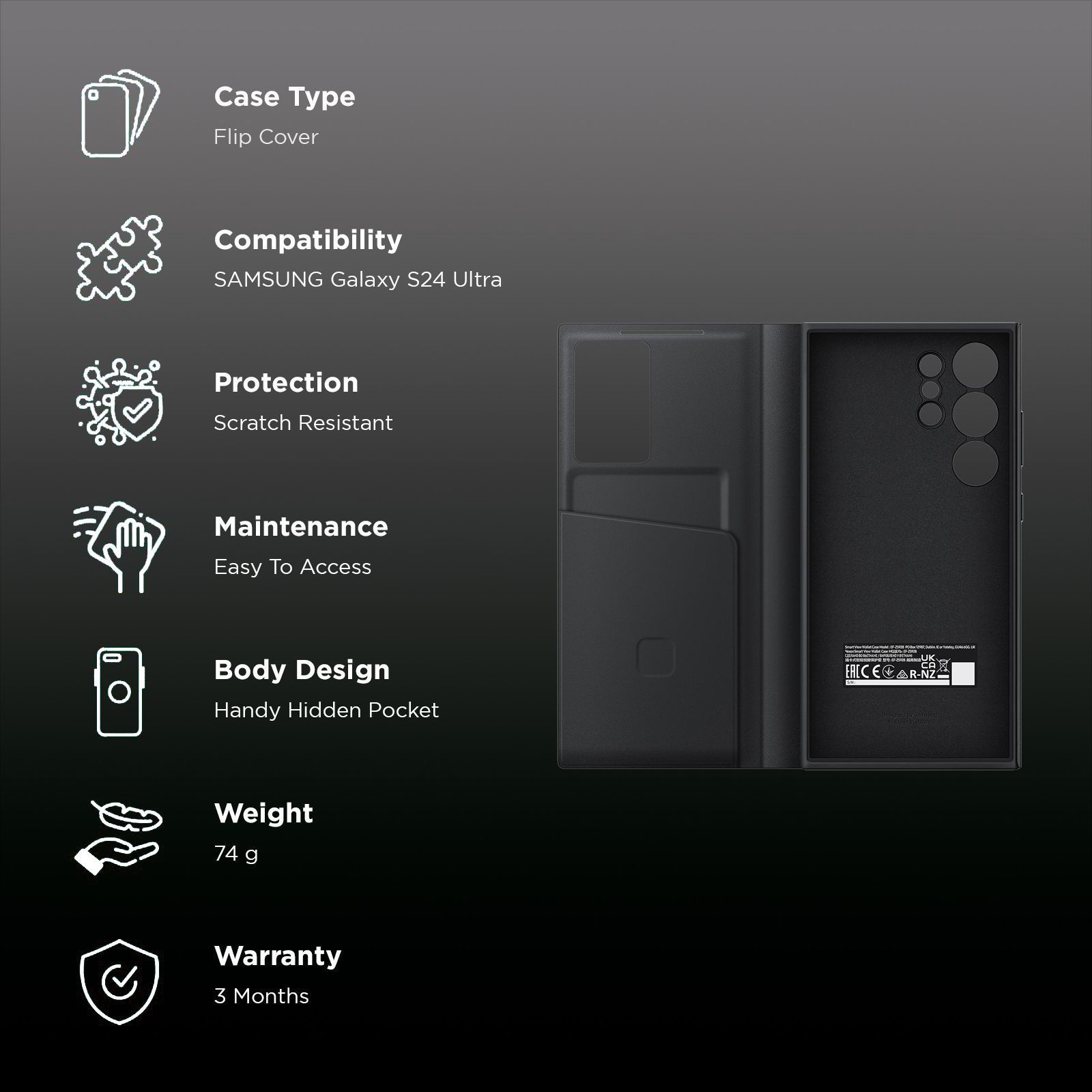 SAMSUNG Polyurethane Flip Cover for SAMSUNG Galaxy S24 Ultra (Handy Hidden Pocket, Black)_2