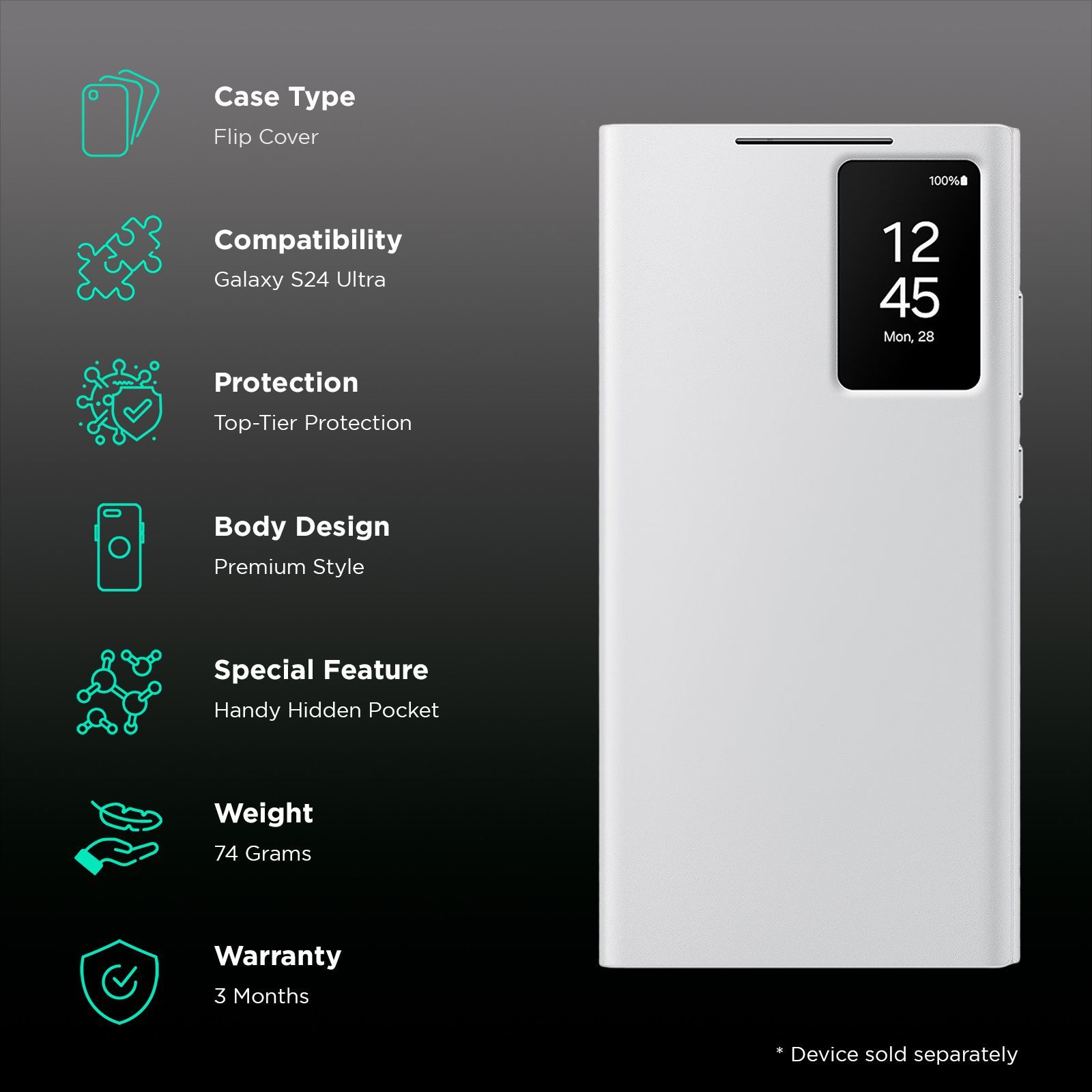 SAMSUNG Polyurethane Flip Cover for SAMSUNG Galaxy S24 Ultra (Handy Hidden Pocket, White)_2