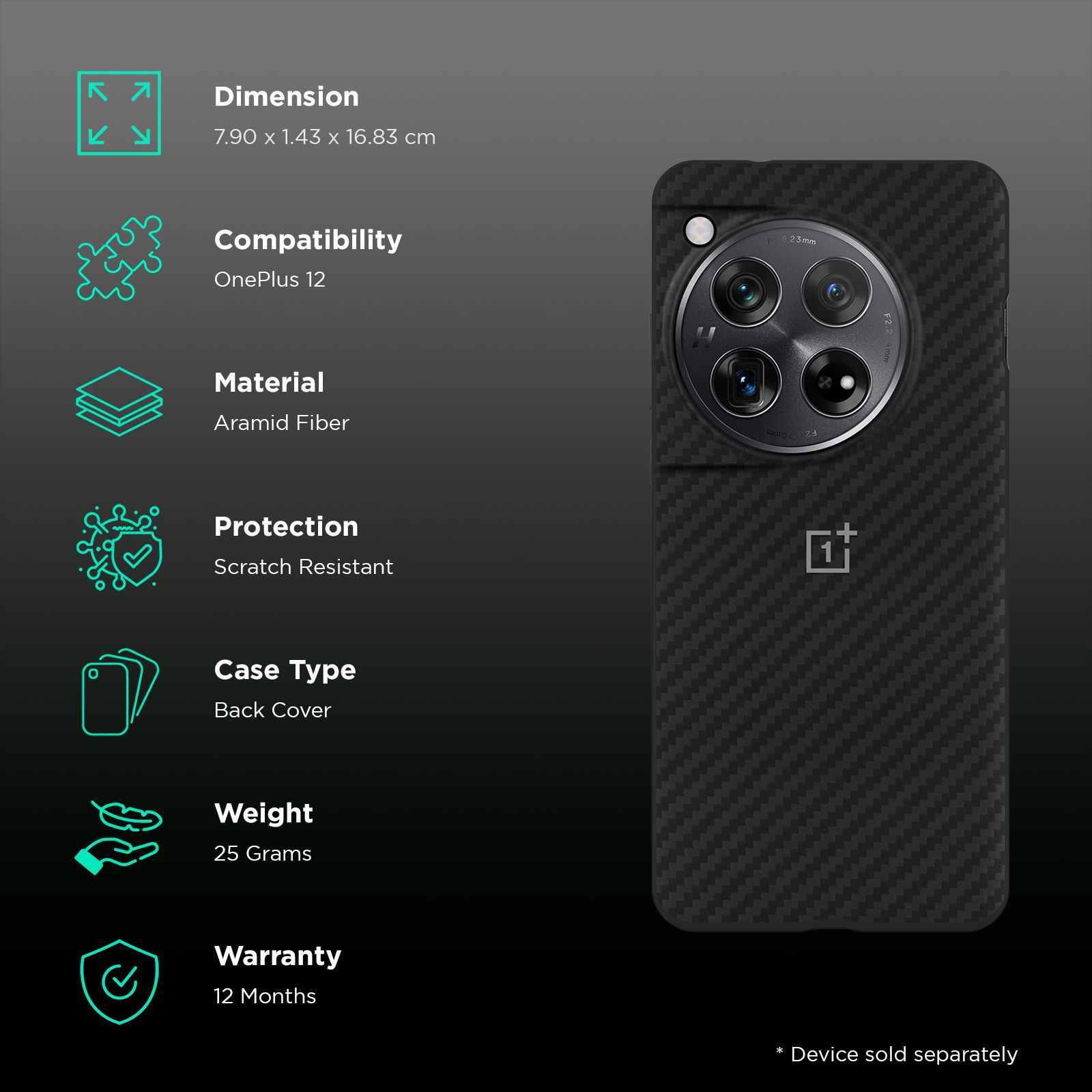 OnePlus OPC17 Aramid Fiber Back Cover for OnePlus 12 (Anti Wear, Black)_2
