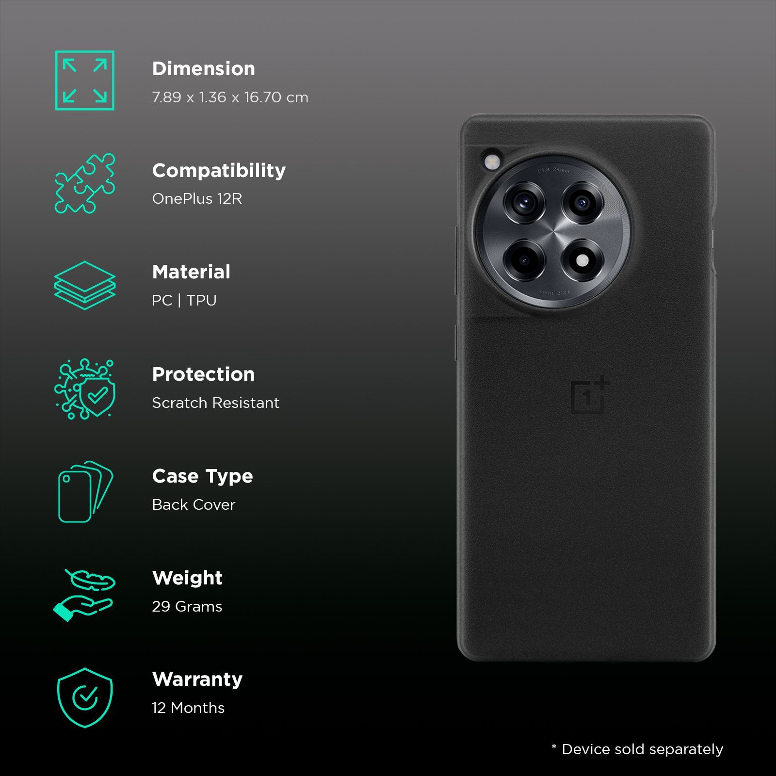 OnePlus OPC15 Polycarbonate & TPU Back Cover for OnePlus 12R (Anti Fingerprint, Black)_2