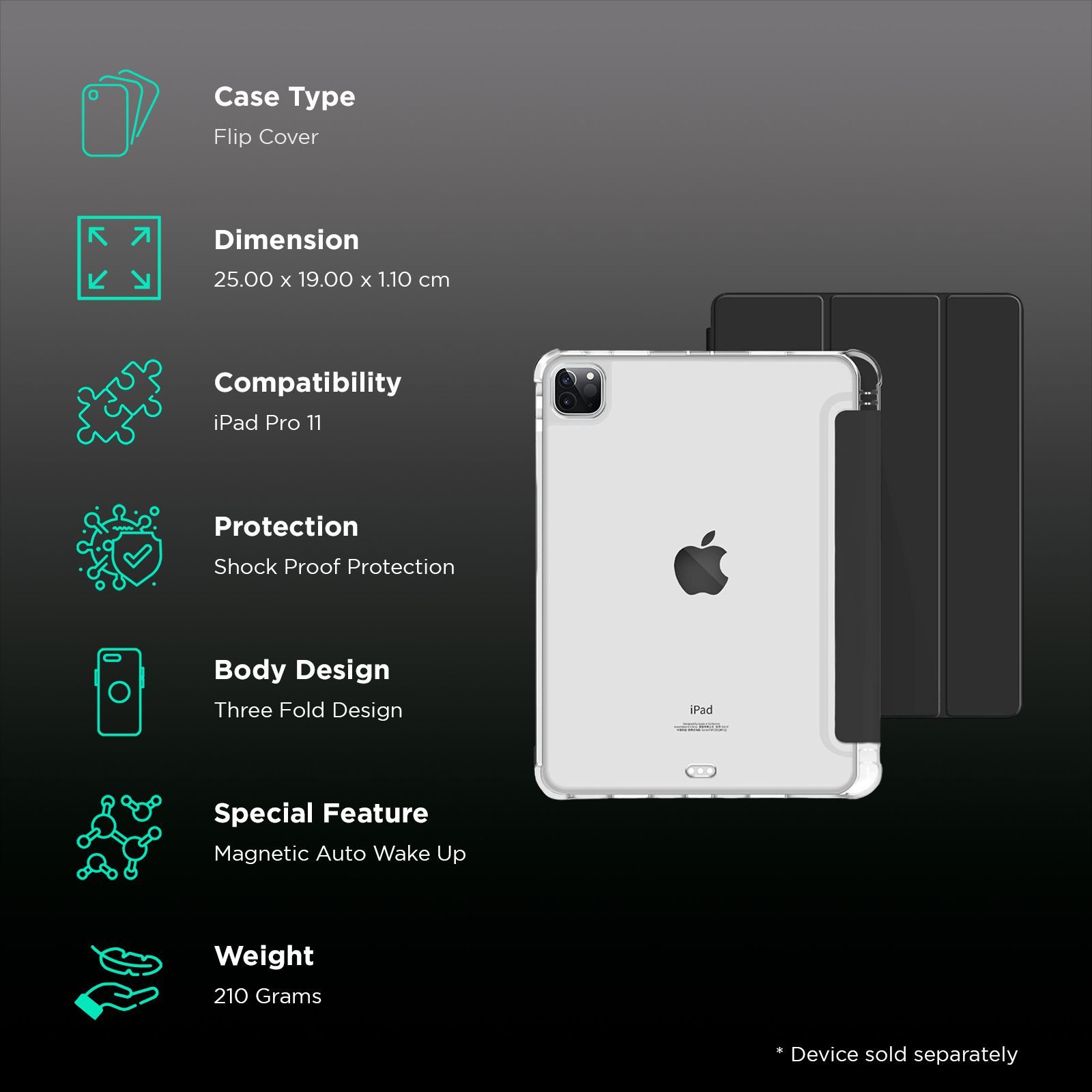 Croma Three Fold Smart Cover for Apple iPad Pro 11 Inch (Shockproof Design, Black)_2