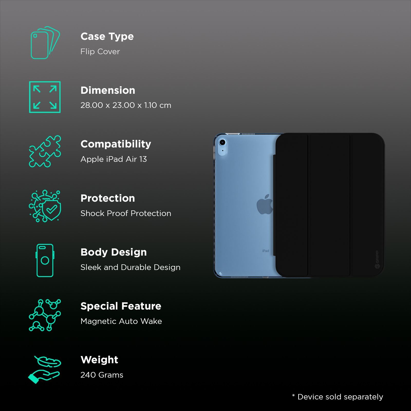 Croma Three Fold Smart Cover for Apple iPad Air 13 Inch (Shockproof Design, Black)_2