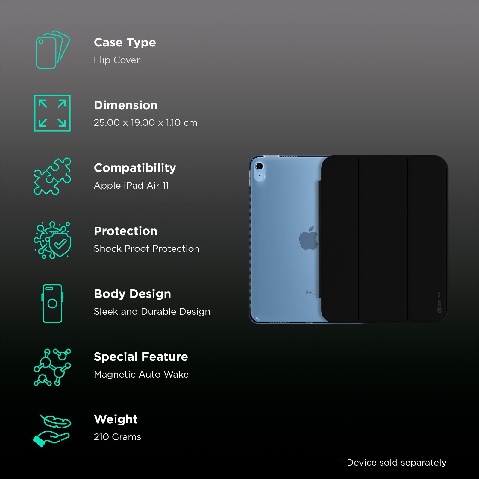 Croma Full Case Cover for Apple iPad Air 11 Inch (Smart Three-fold Design, Black)_2