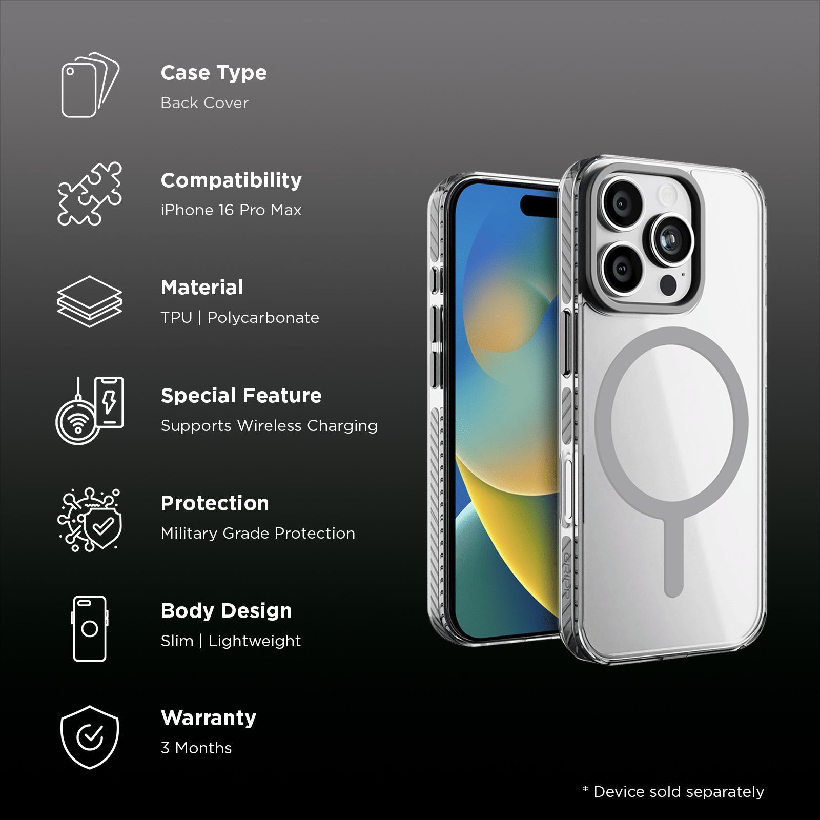 GRIPP Combat Hard TPU & Polycarbonate Back Cover for Apple iPhone 16 Pro Max (MagSafe Compatible, Grey)_2