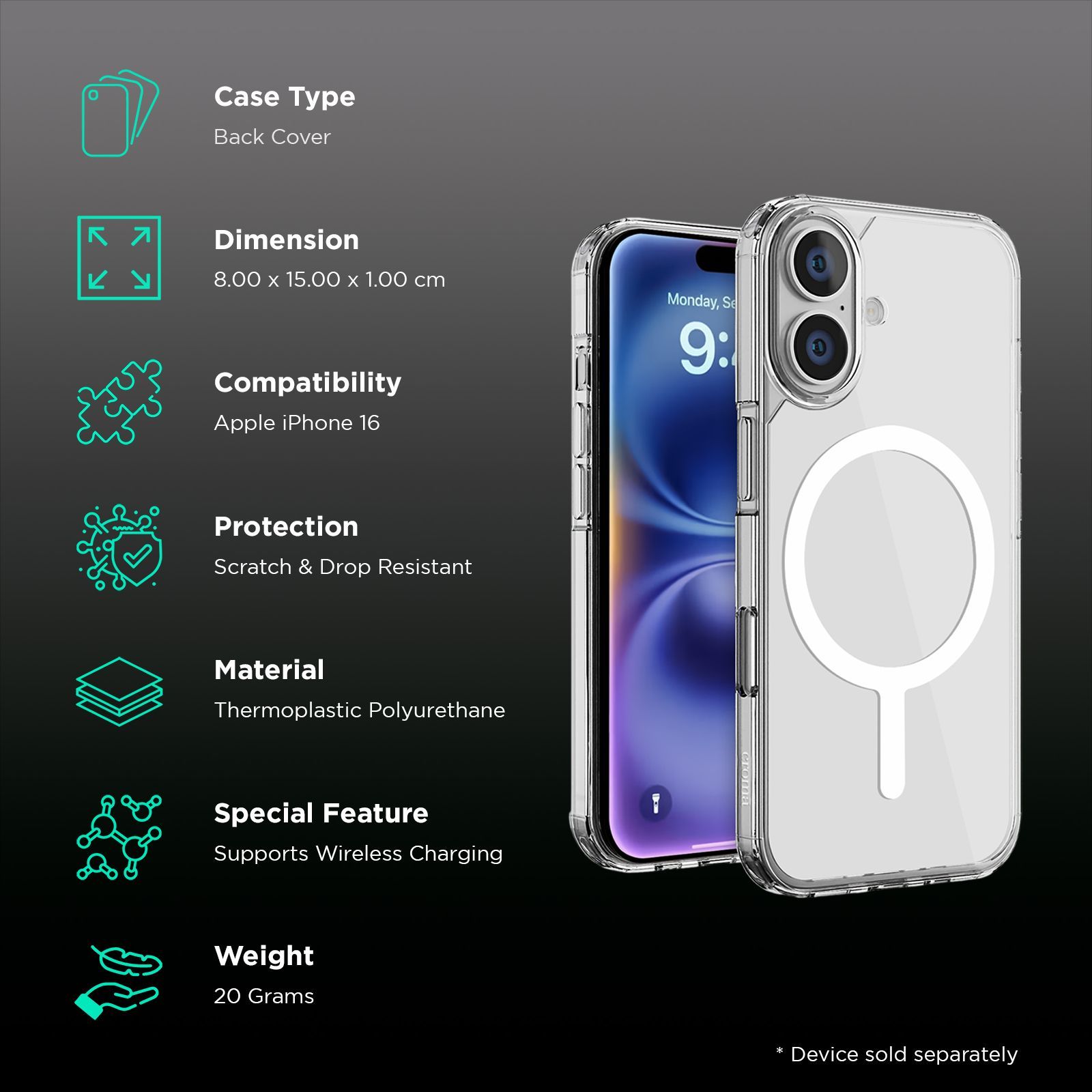 Croma Tempered Glass & TPU Back Cover Combo for Apple iPhone 16 (MagSafe Compatible, Transparent)_2