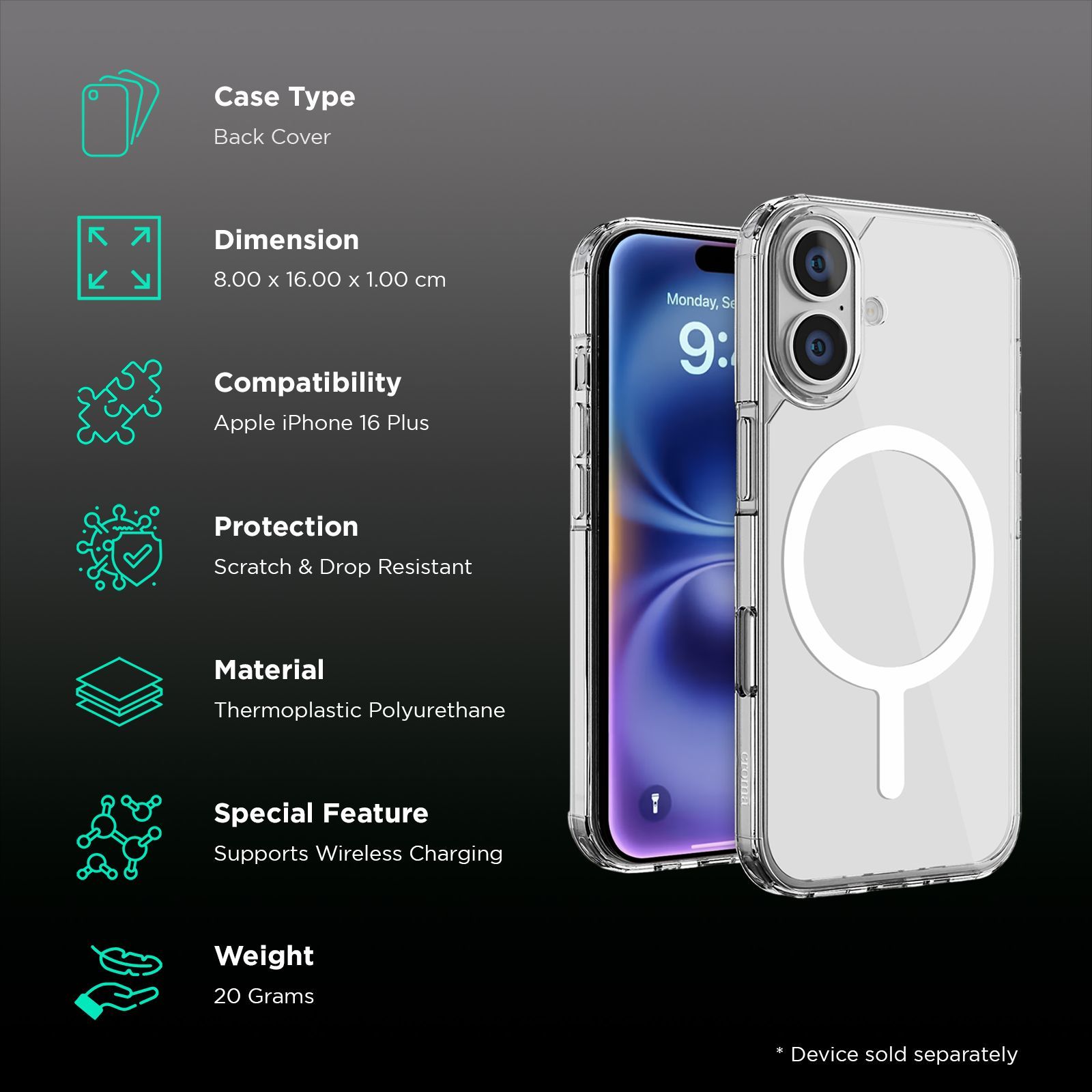 Croma TPU Back Cover for Apple iPhone 16 Plus (MagSafe Compatible, Transparent)_2