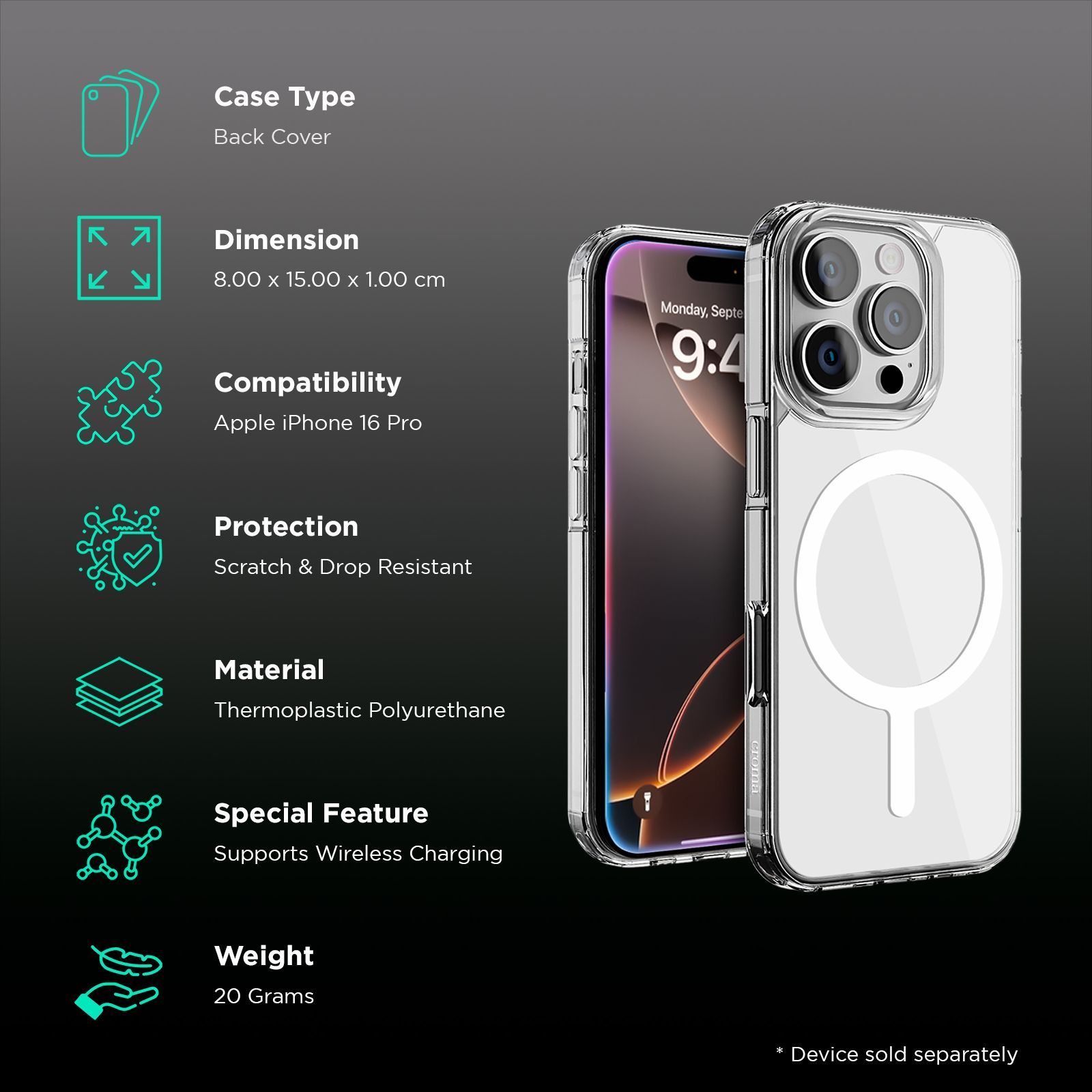 Croma TPU Back Cover for Apple iPhone 16 Pro (Magsafe Compatible, Transparent)_2