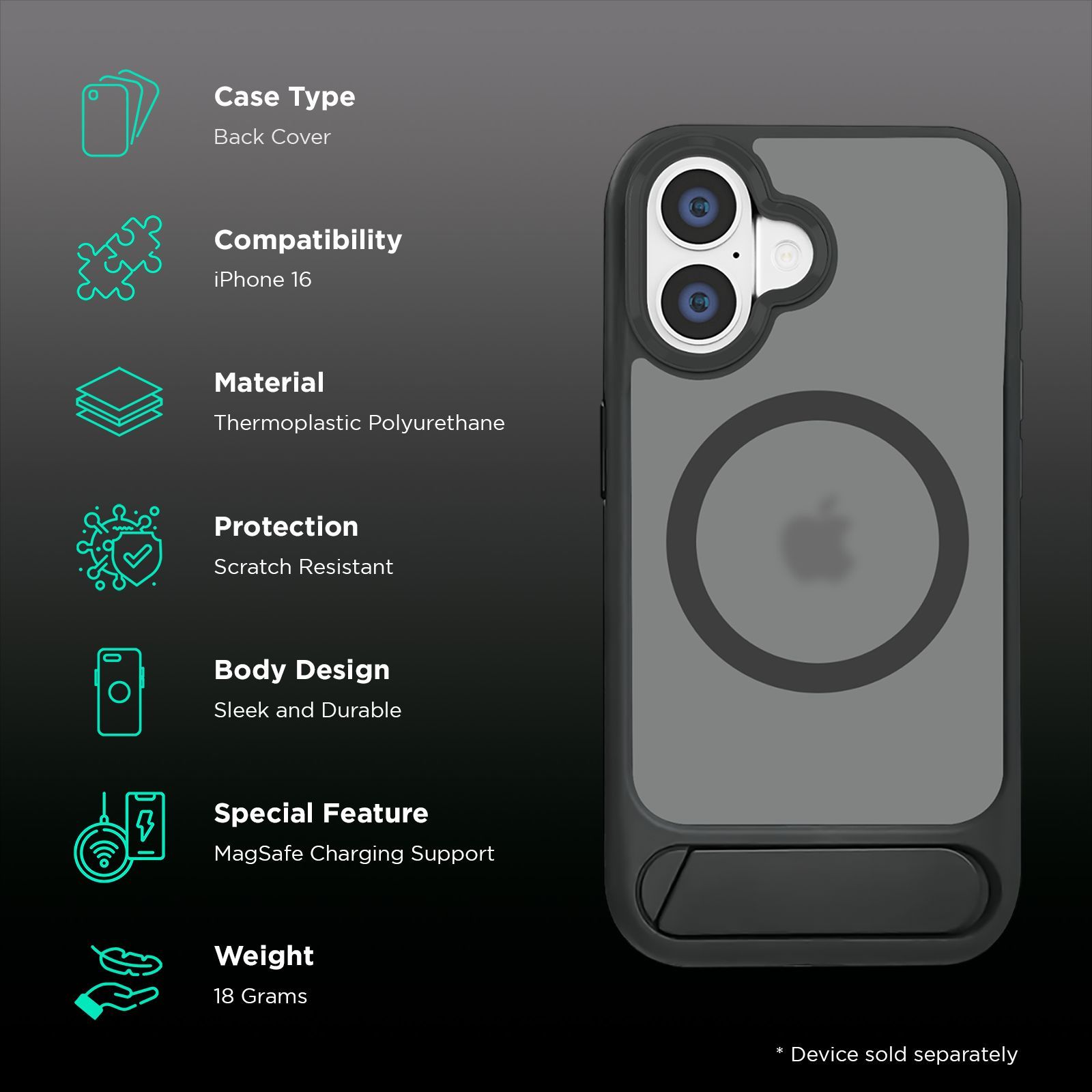 Croma Tempered Glass & TPU Back Cover Combo for Apple iPhone 16 (MagSafe Compatible, Matte Black)_2