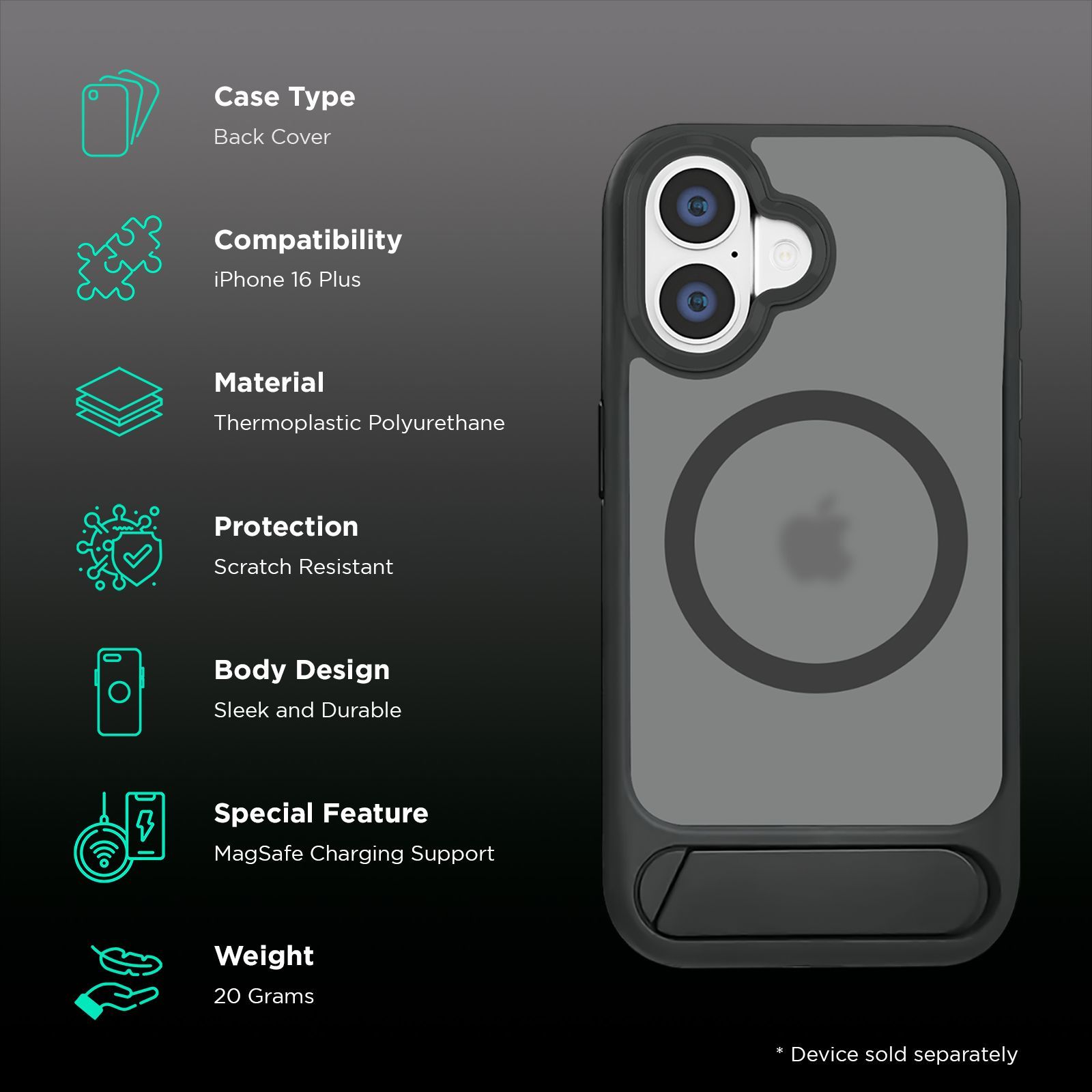 Croma Tempered Glass & TPU Back Cover Combo for Apple iPhone 16 Plus (MagSafe Compatible, Matte Black)_2