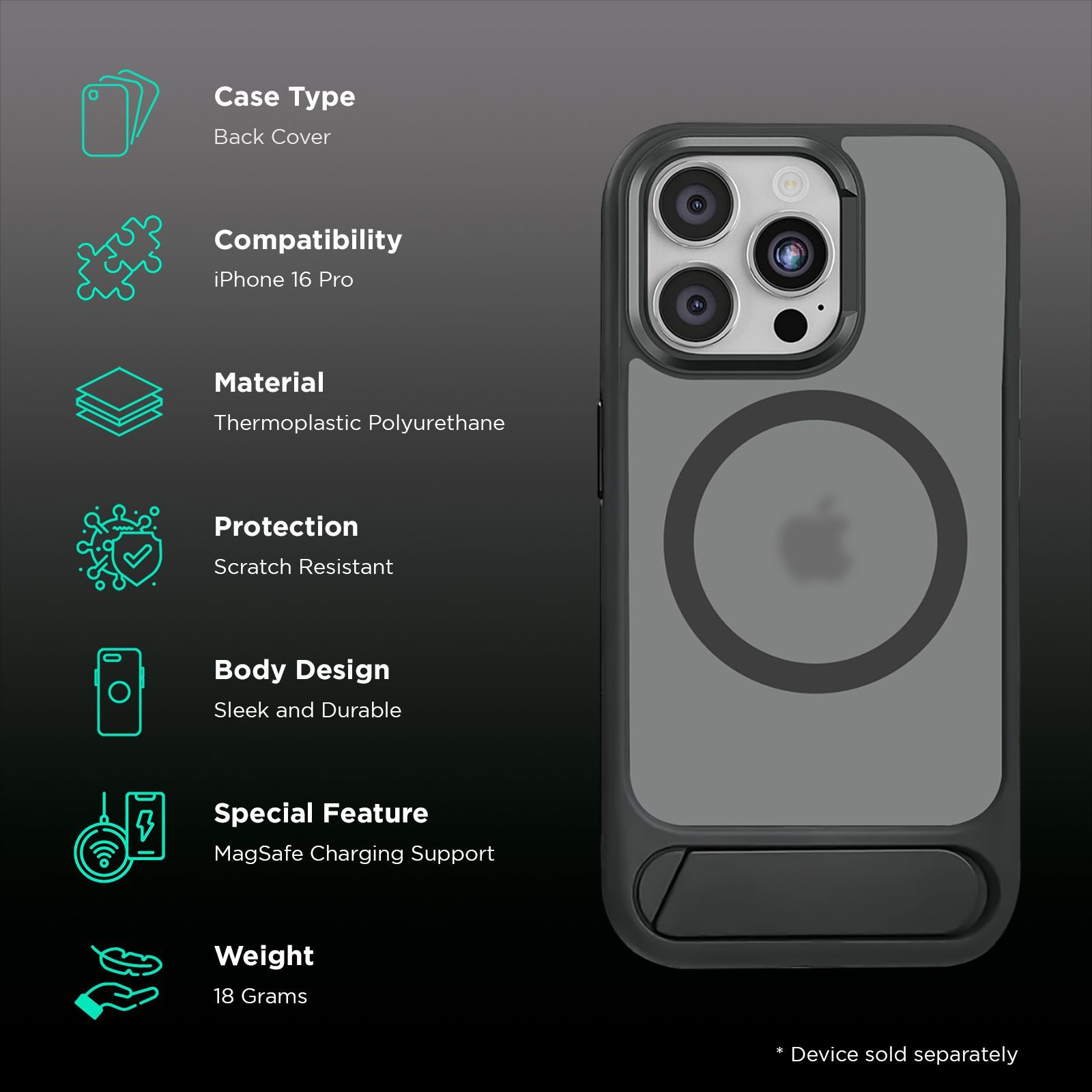 Croma Tempered Glass & TPU Back Cover Combo for Apple iPhone 16 Pro (MagSafe Compatible, Matte Black)_2