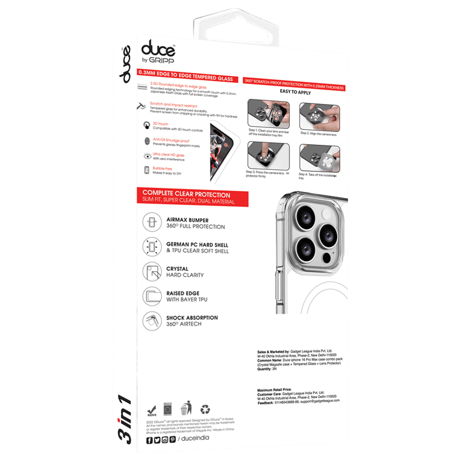 GRIPP Duce TPU Plus PC MagSafe Case, Tempered Glass and Camera Lens Protector Combo for Apple iPhone 16 Pro (Supports Wireless Charging, Clear)_3