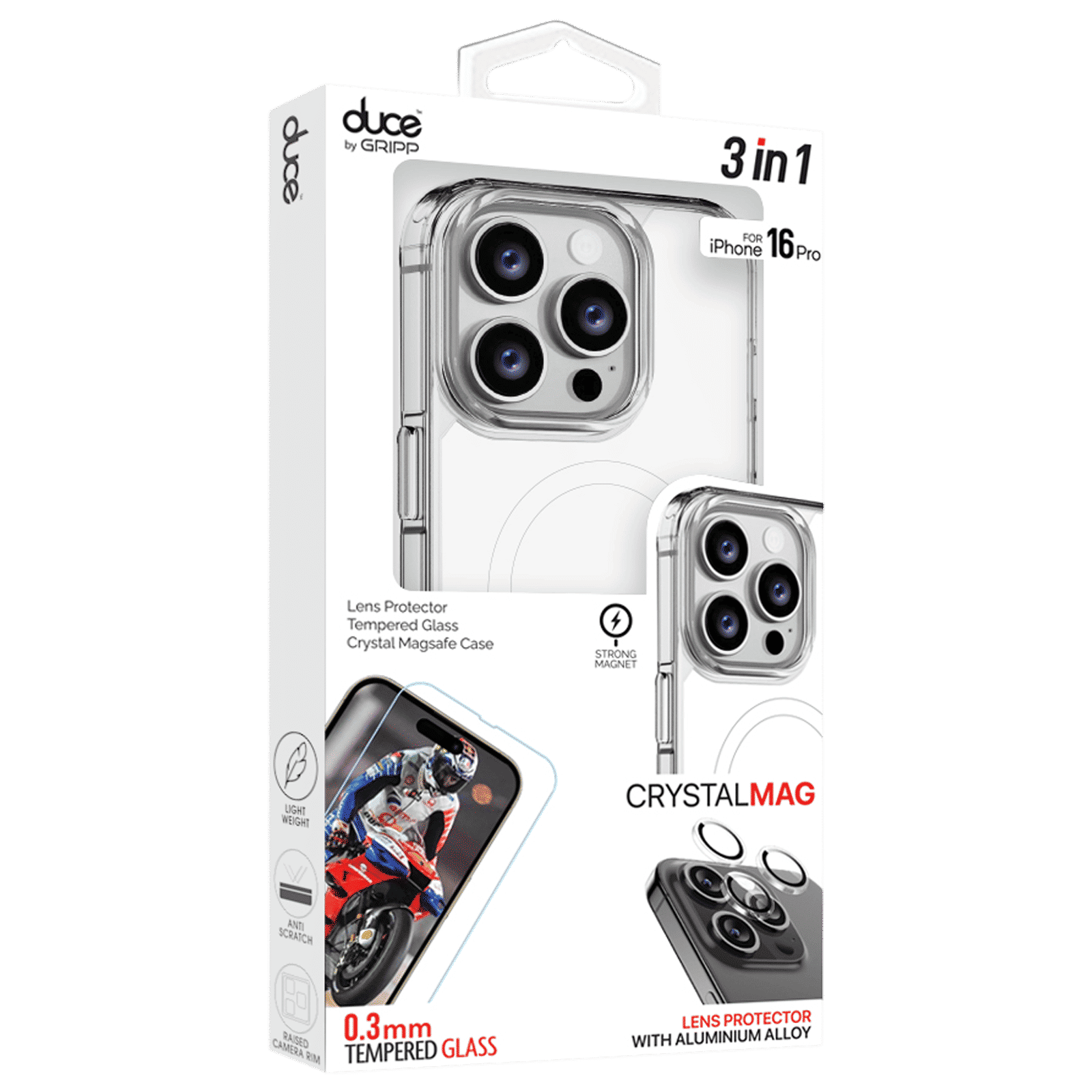 GRIPP Duce TPU Plus PC MagSafe Case, Tempered Glass and Camera Lens Protector Combo for Apple iPhone 16 Pro (Supports Wireless Charging, Clear)_1