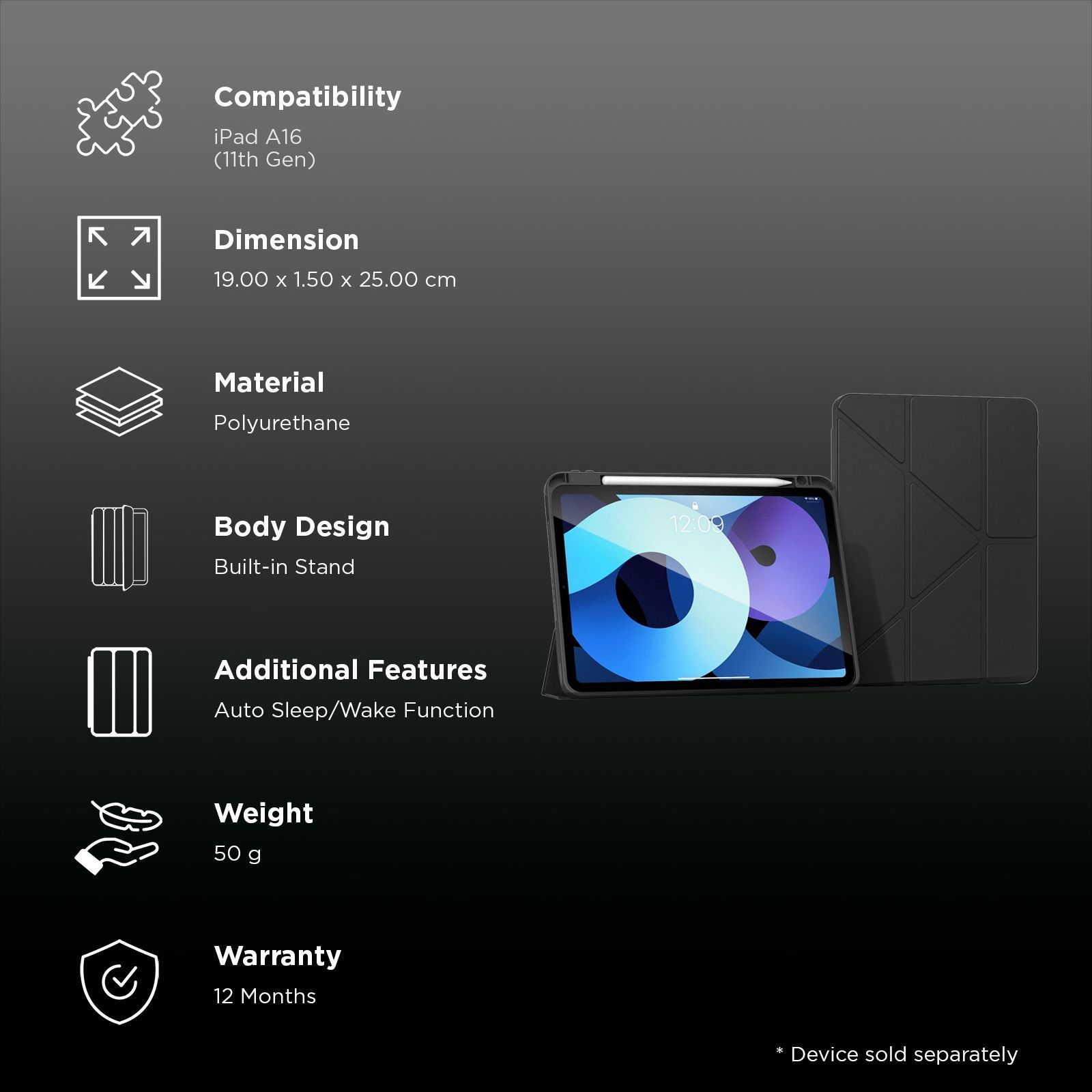 HYPHEN Origami Polyurethane Back Cover for Apple iPad A16 11 Inch (11th Gen) (Lightweight Build, Black)_2