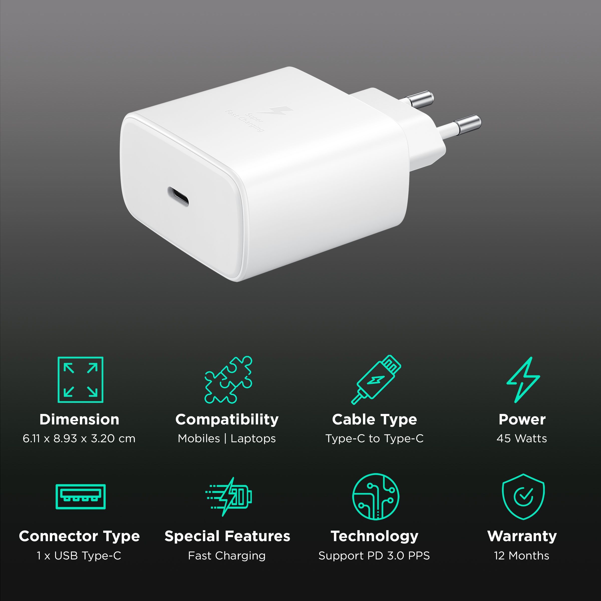 SAMSUNG 45W Type C Fast Charger (Type C to Type C Cable, Support PD 3.0 PPS, White)_2
