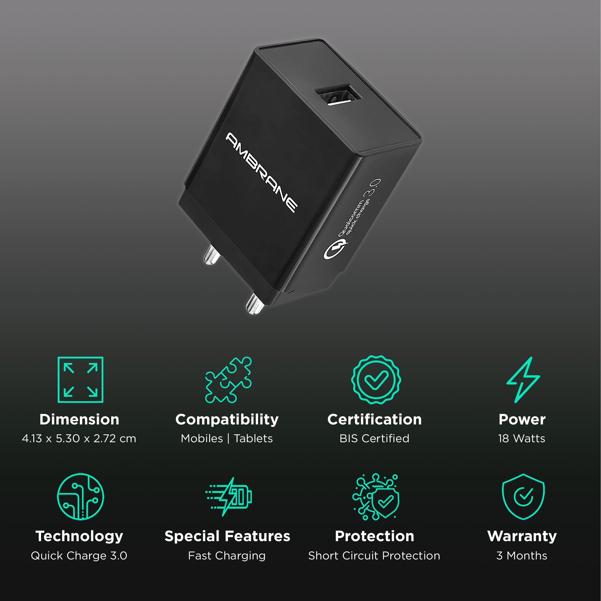 ambrane 18W Type A Quick Charger (Adapter Only, Quick Charge 3.0, Black) ambrane 18W Type A Quick Charger (Adapter Only, Quick Charge 3.0, Black)_2