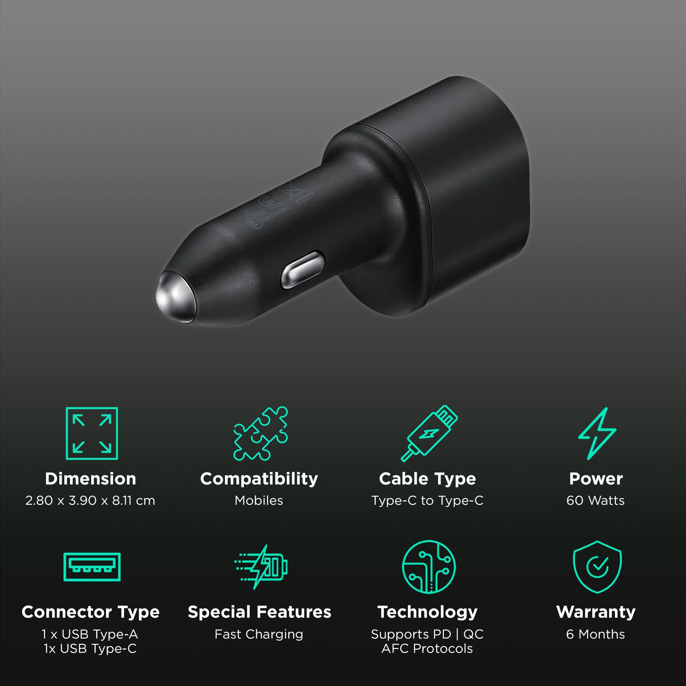 SAMSUNG 60W Type A & Type C 2-Port Fast Car Charger (Type C to Type C Cable, Supports PD, QC and AFC Protocols, Black) SAMSUNG 60W Type A & Type C 2-Port Fast Car Charger (Type C to Type C Cable, Supports PD, QC and AFC Protocols, Black)_2