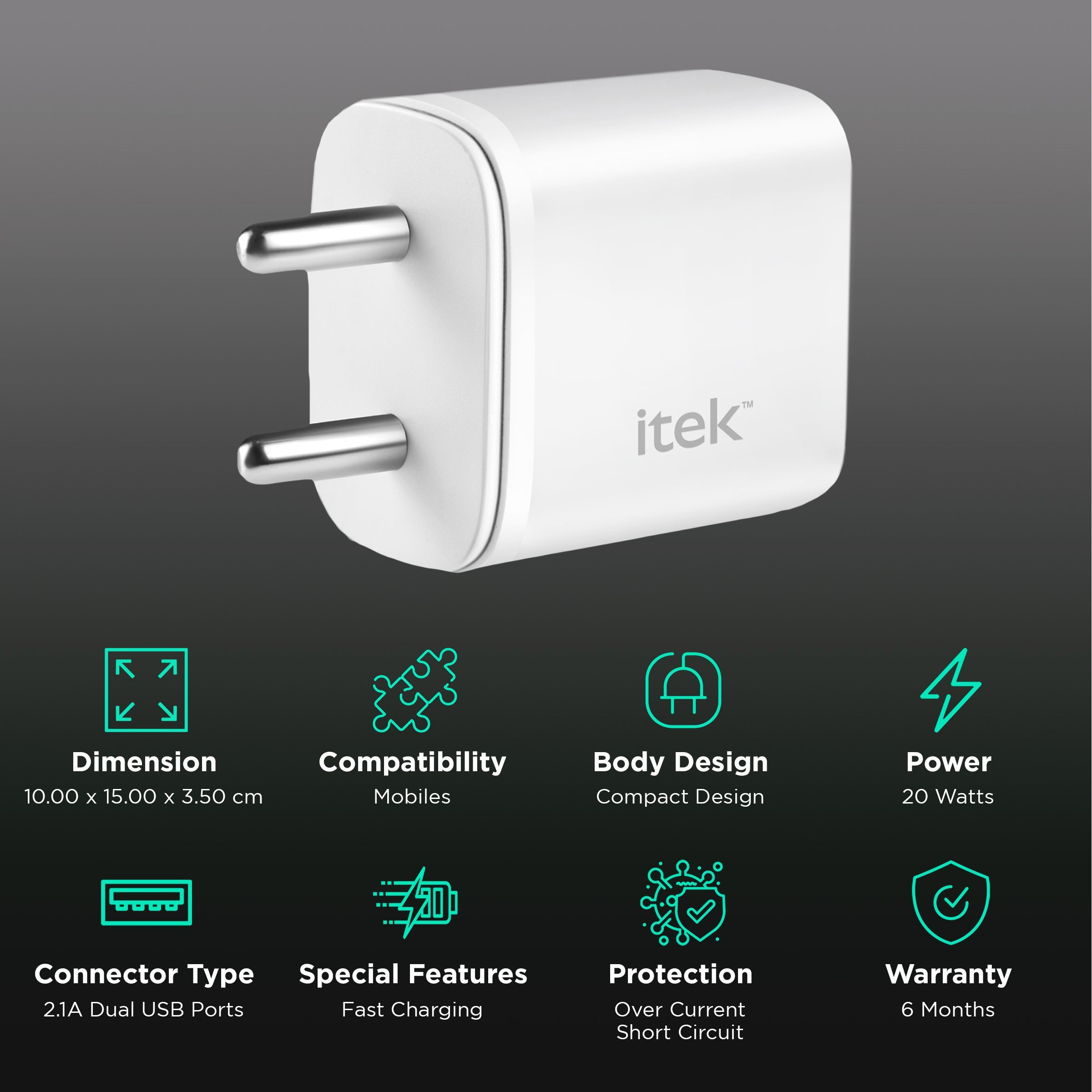 Itek 20W Type A & Type C 2-Port Fast Charger (Short-Circuit Protection, White) Itek 20W Type A & Type C 2-Port Fast Charger (Short-Circuit Protection, White)_2