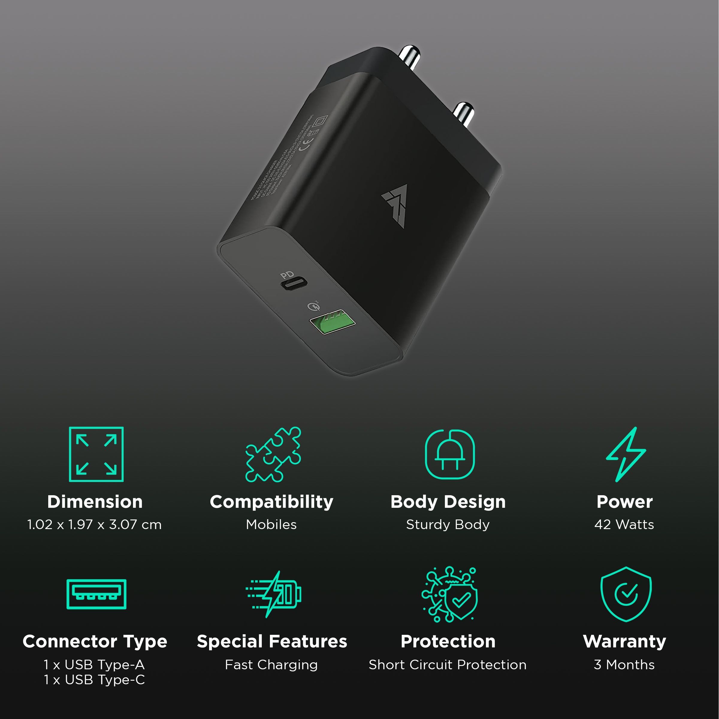 Vaku 42W Type A & Type C 2-Port Fast Charger (Adapter Only, Short-Circuit Protection, Black) Vaku 42W Type A & Type C 2-Port Fast Charger (Adapter Only, Short-Circuit Protection, Black)_2