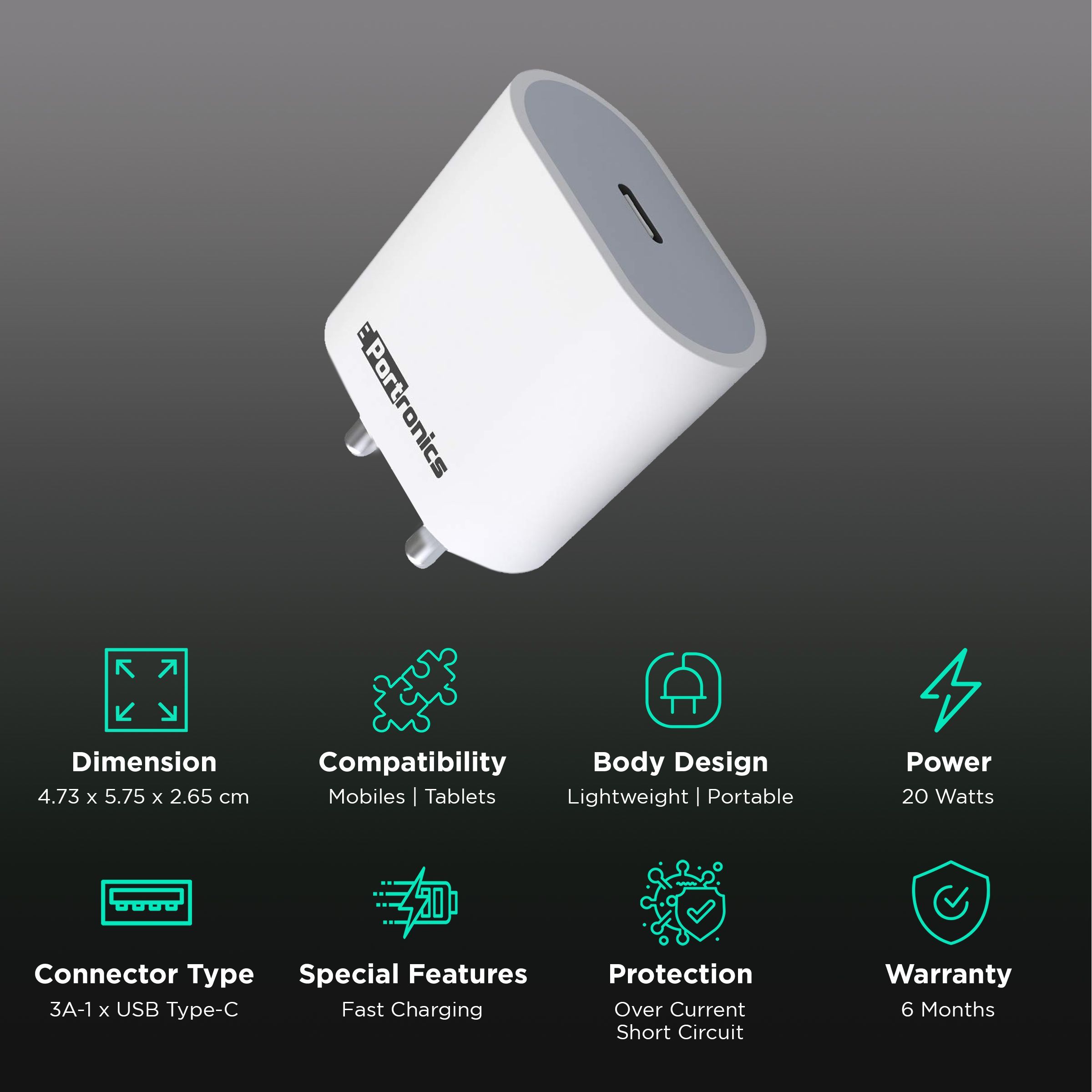 Portronics Adapto 20 20W Type C Fast Charger (Adapter Only, Short-Circuit Protection, White)_2