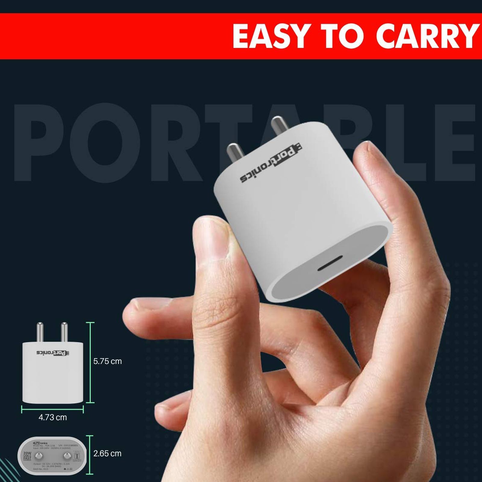 Portronics Adapto 20 20W Type C Fast Charger (Adapter Only, Short-Circuit Protection, White)_4